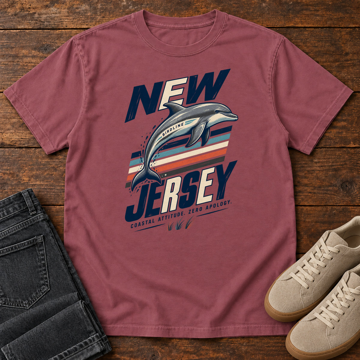 New Jersey Coastal Attitude Zero Regret Dolphin T-Shirt in Brick