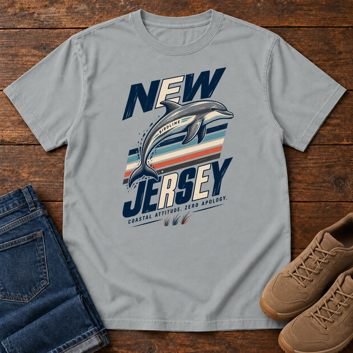 New Jersey Coastal Attitude Zero Regret Dolphin T-Shirt in Granite