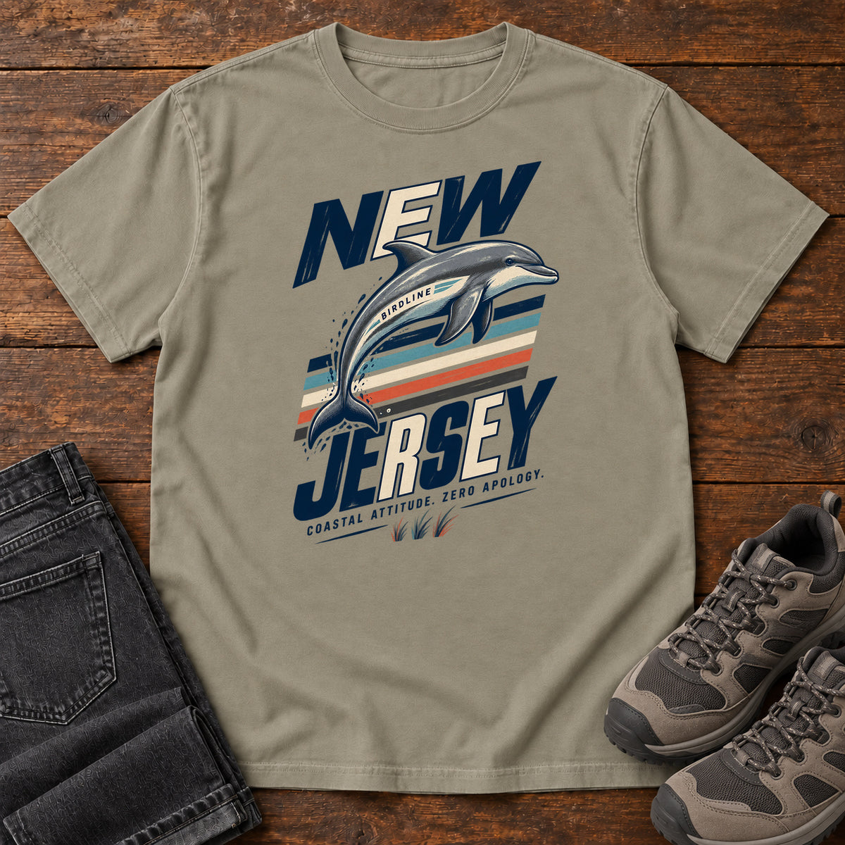 New Jersey Coastal Attitude Zero Regret Dolphin T-Shirt in Sandstone