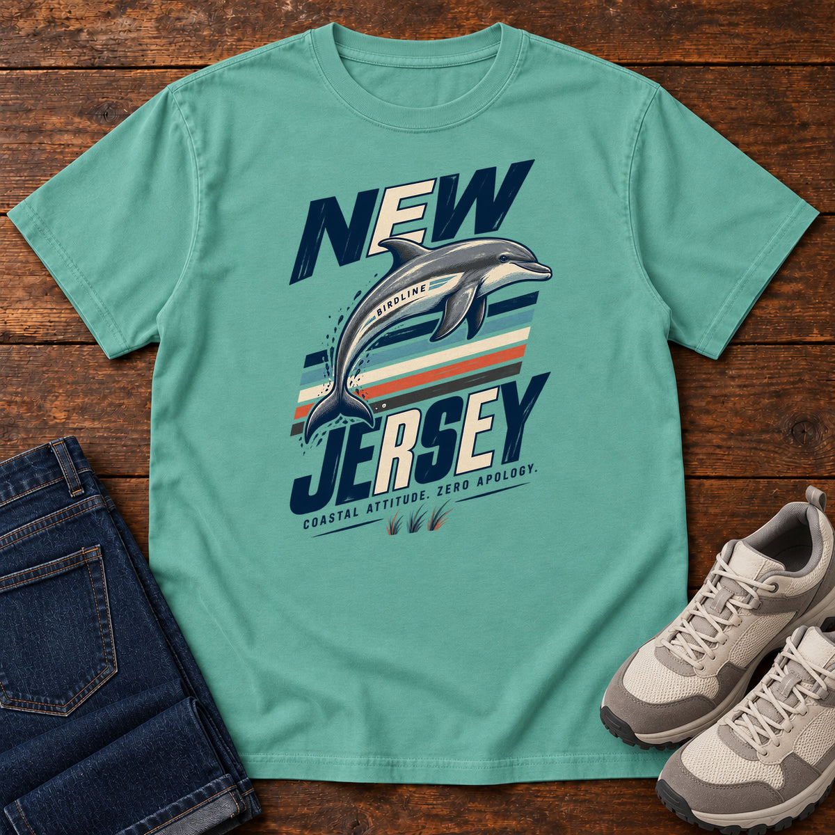 New Jersey Coastal Attitude Zero Regret Dolphin T-Shirt in Seafoam
