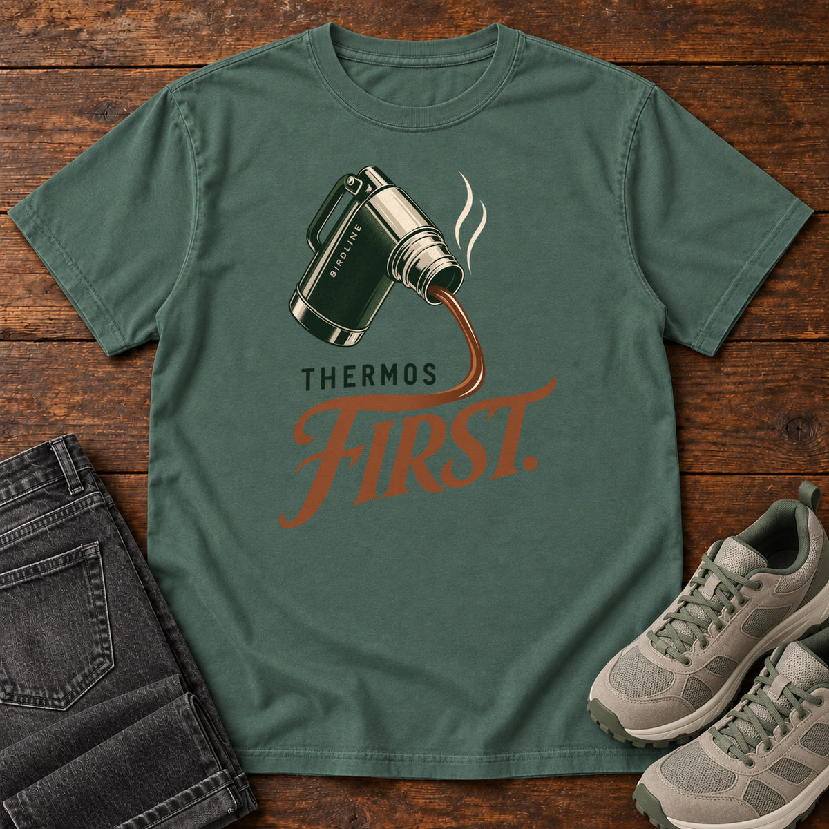 Blue Spruce Thermos First T-Shirt with a green thermos pouring a steaming drink into rust-colored script, front flat lay on wood.