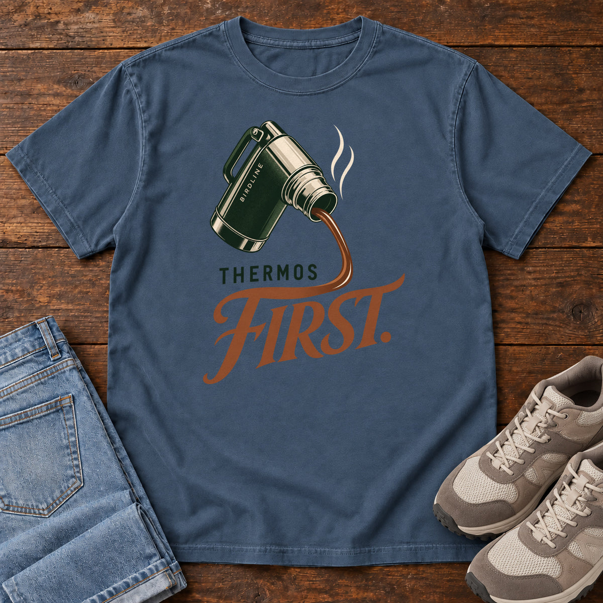 Midnight Thermos First T-Shirt with a green thermos pouring a steaming drink into rust-colored script, front flat lay on wood.