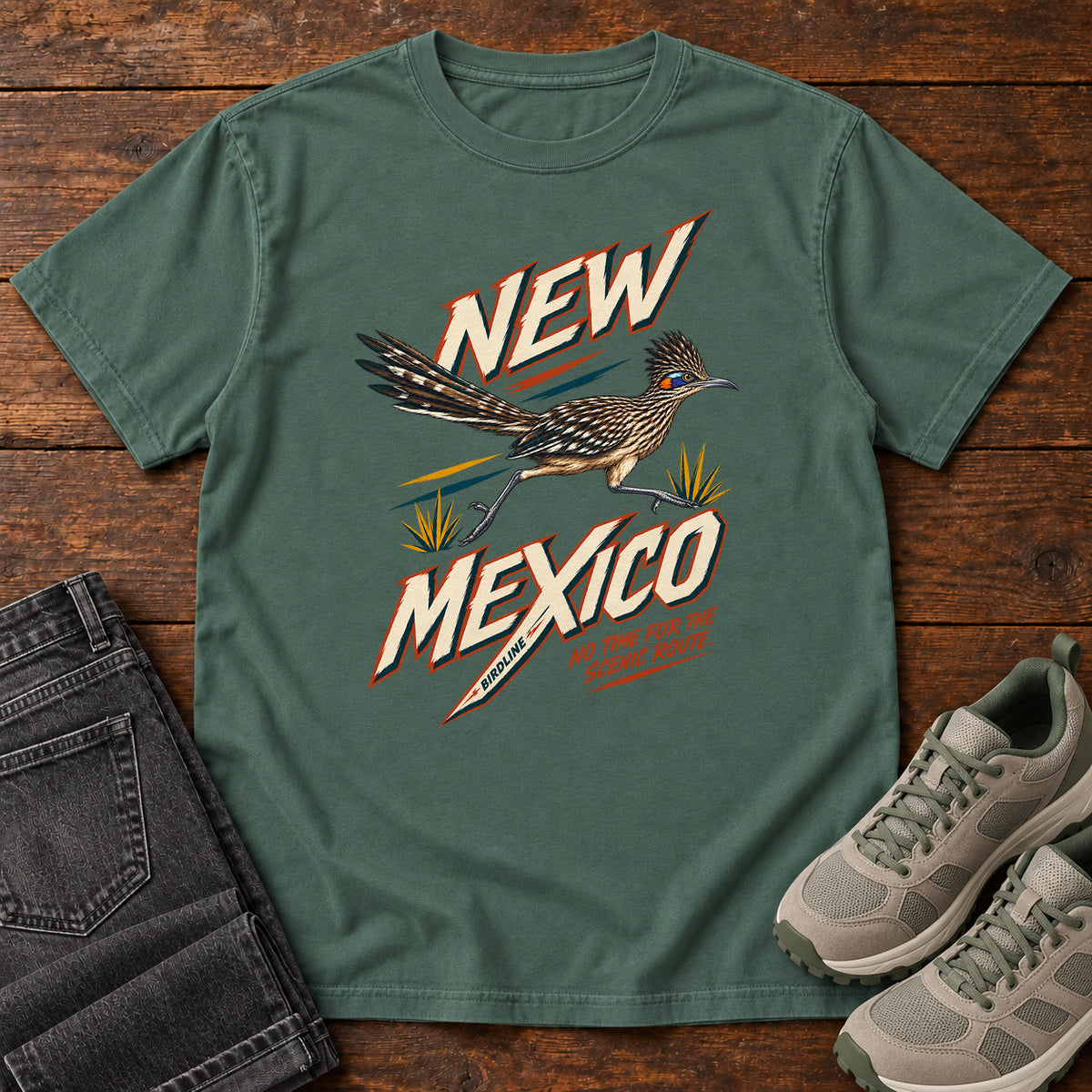 New Mexico No Time for the Scenic Route Roadrunner T-Shirt in Blue Spruce