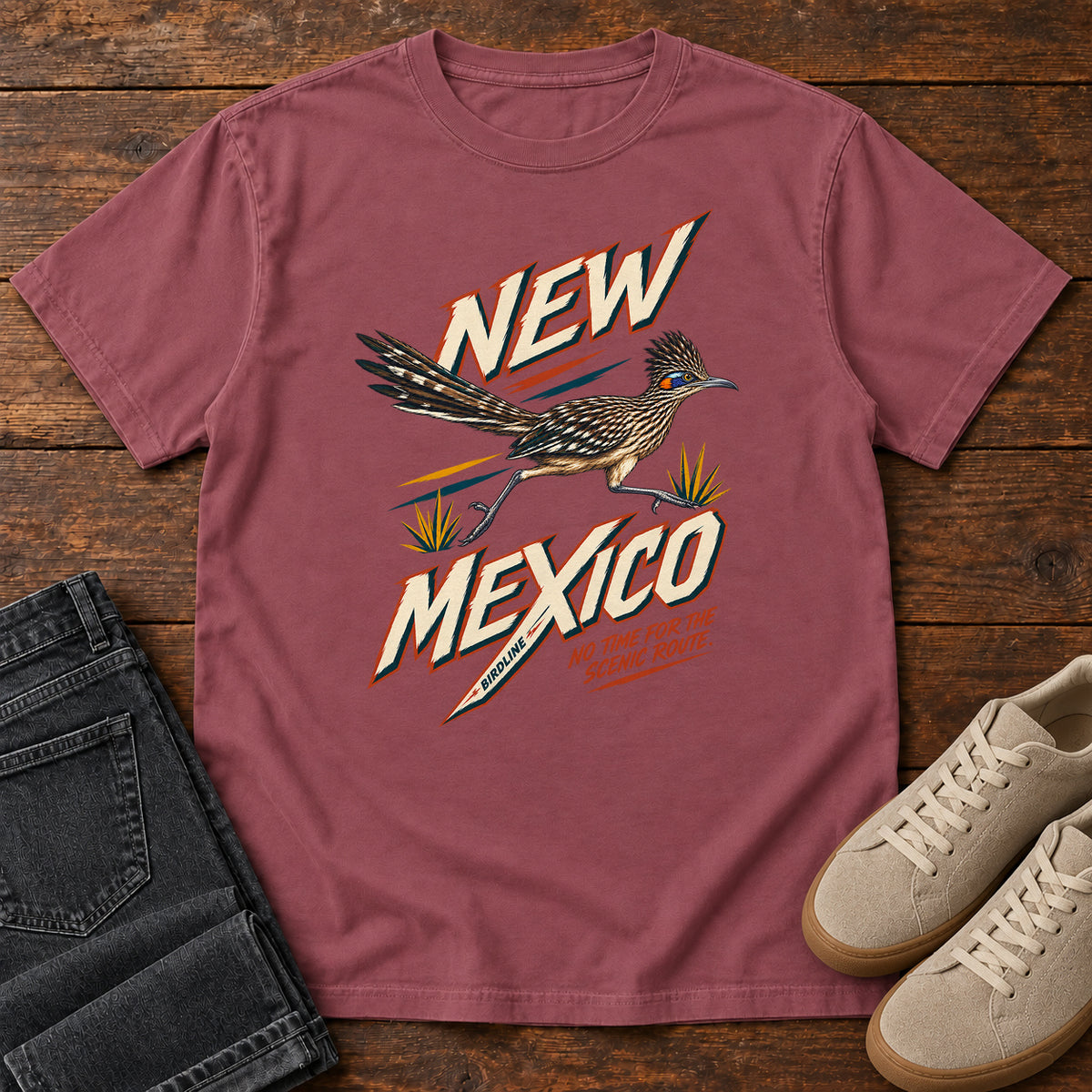 New Mexico No Time for the Scenic Route Roadrunner T-Shirt in Brick