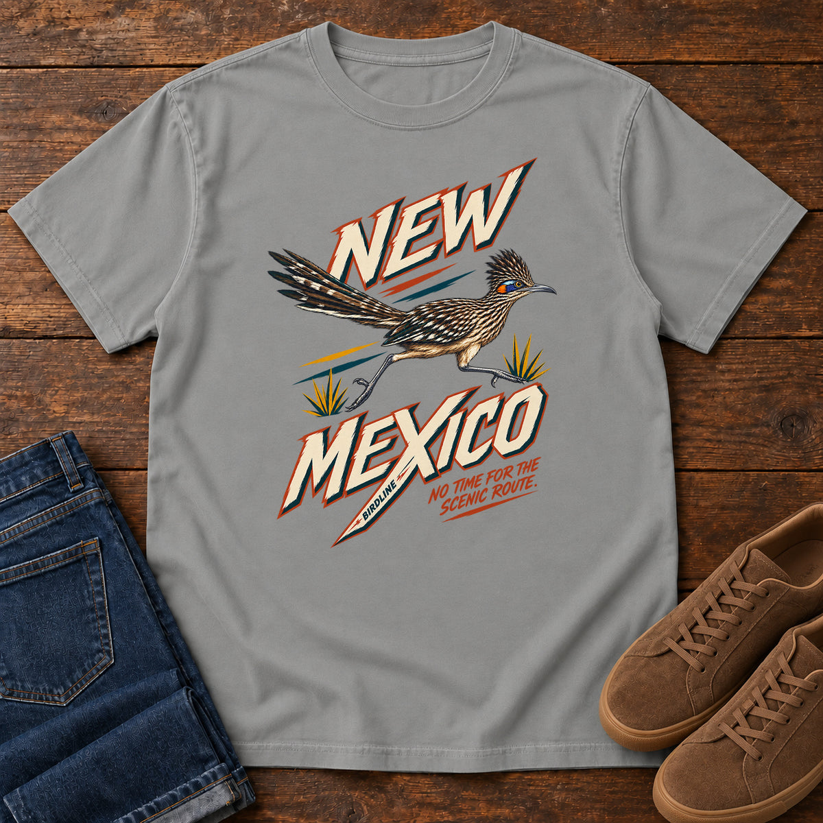 New Mexico No Time for the Scenic Route Roadrunner T-Shirt in Grey