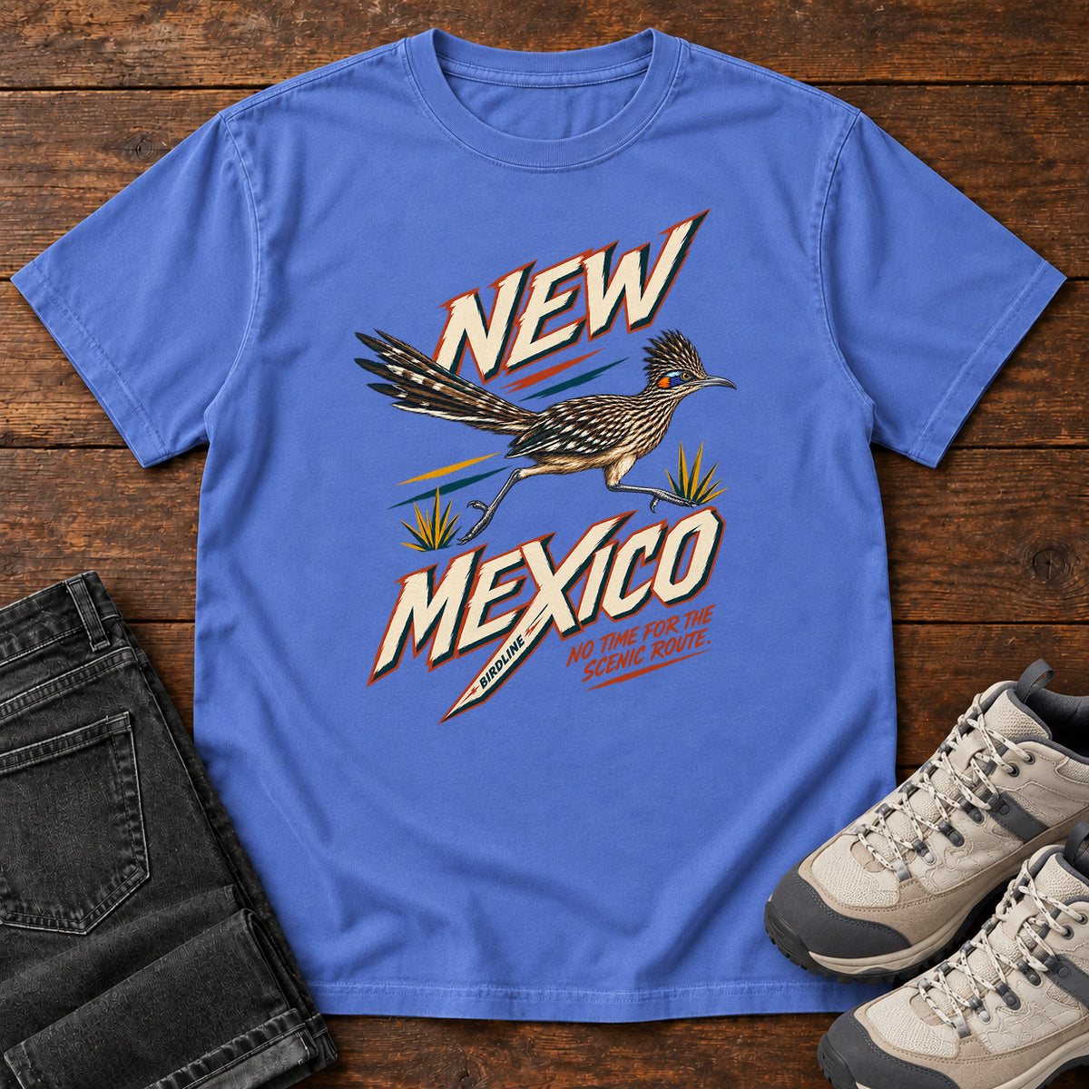 New Mexico No Time for the Scenic Route Roadrunner T-Shirt in Mystic Blue