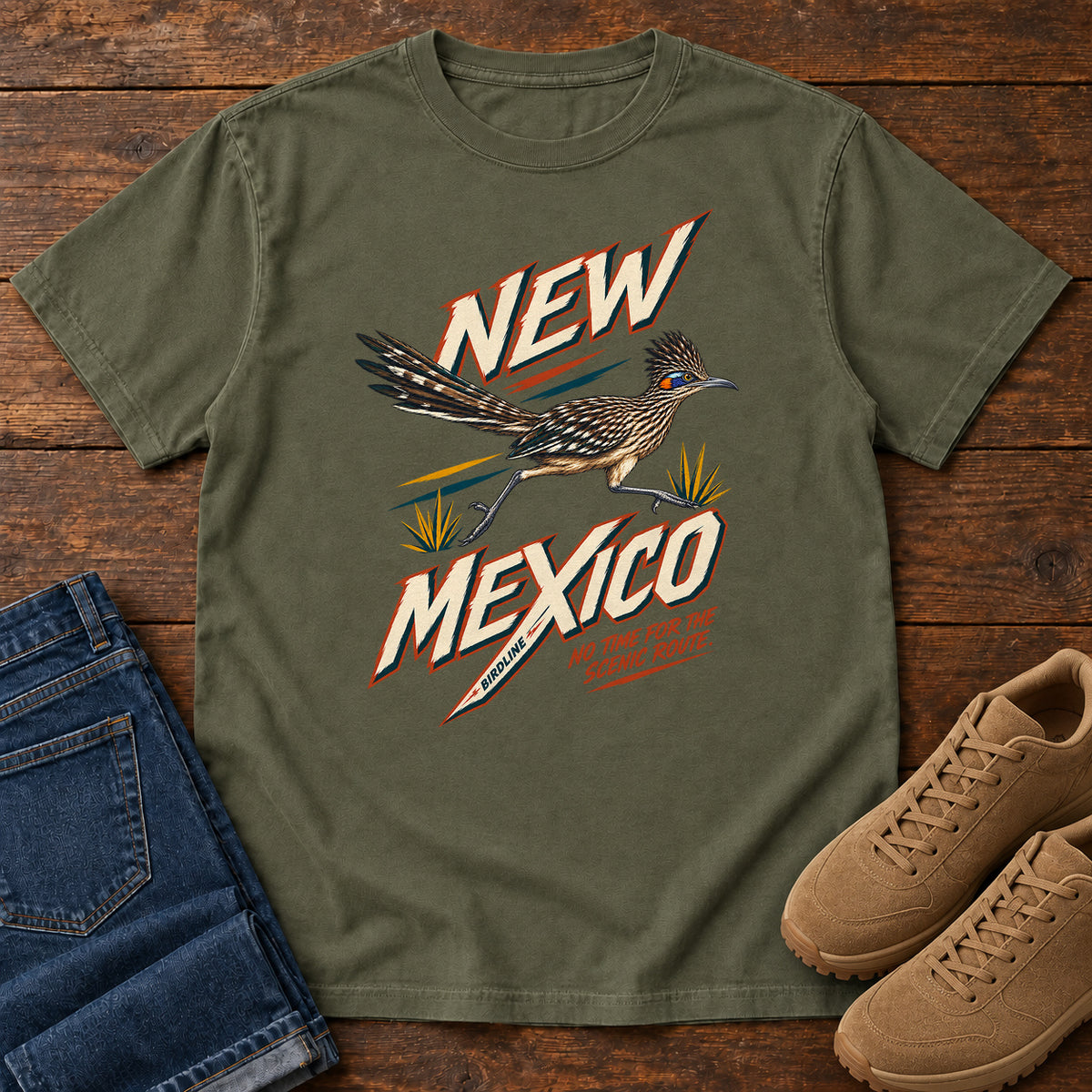 New Mexico No Time for the Scenic Route Roadrunner T-Shirt in Sage