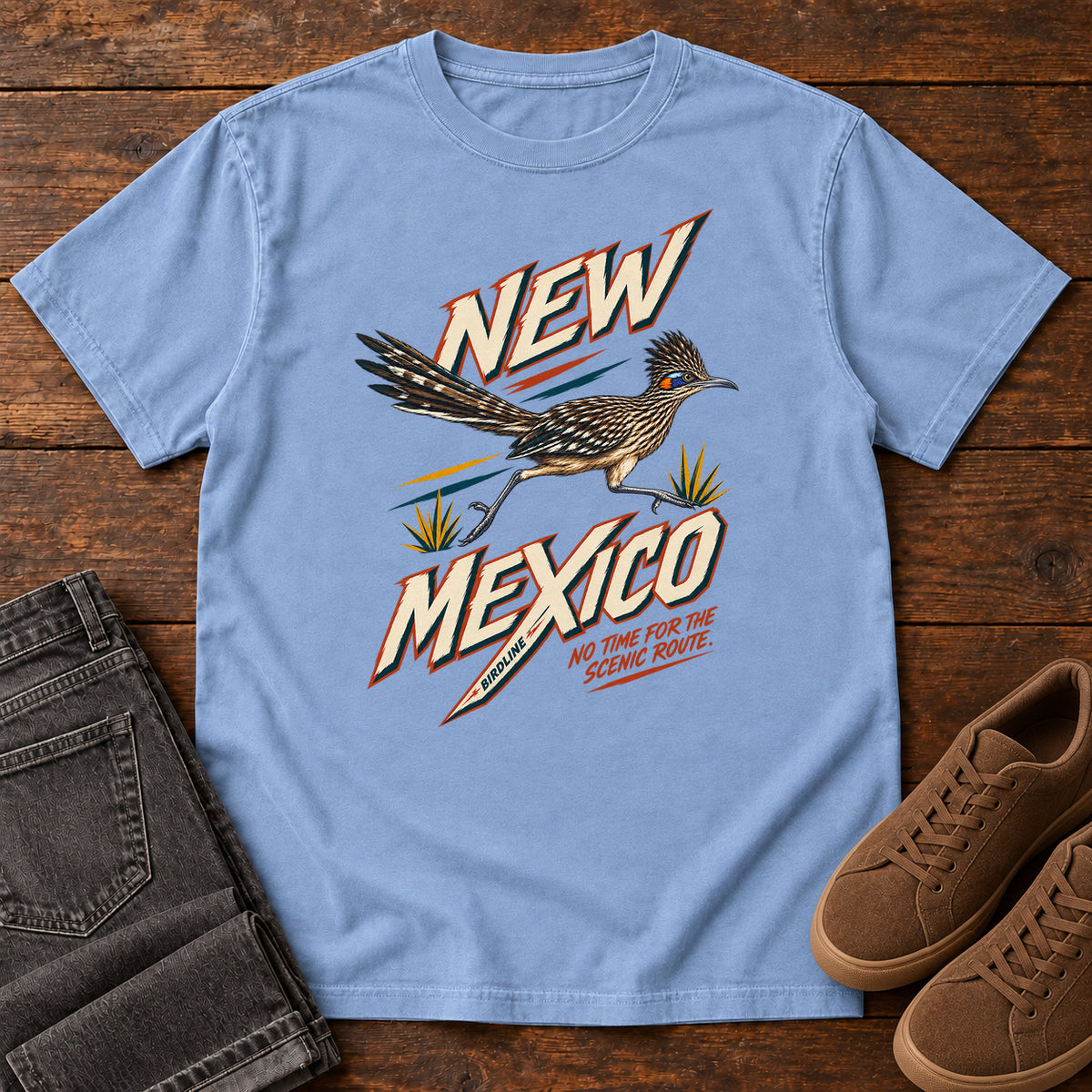 New Mexico No Time for the Scenic Route Roadrunner T-Shirt in Washed Denim