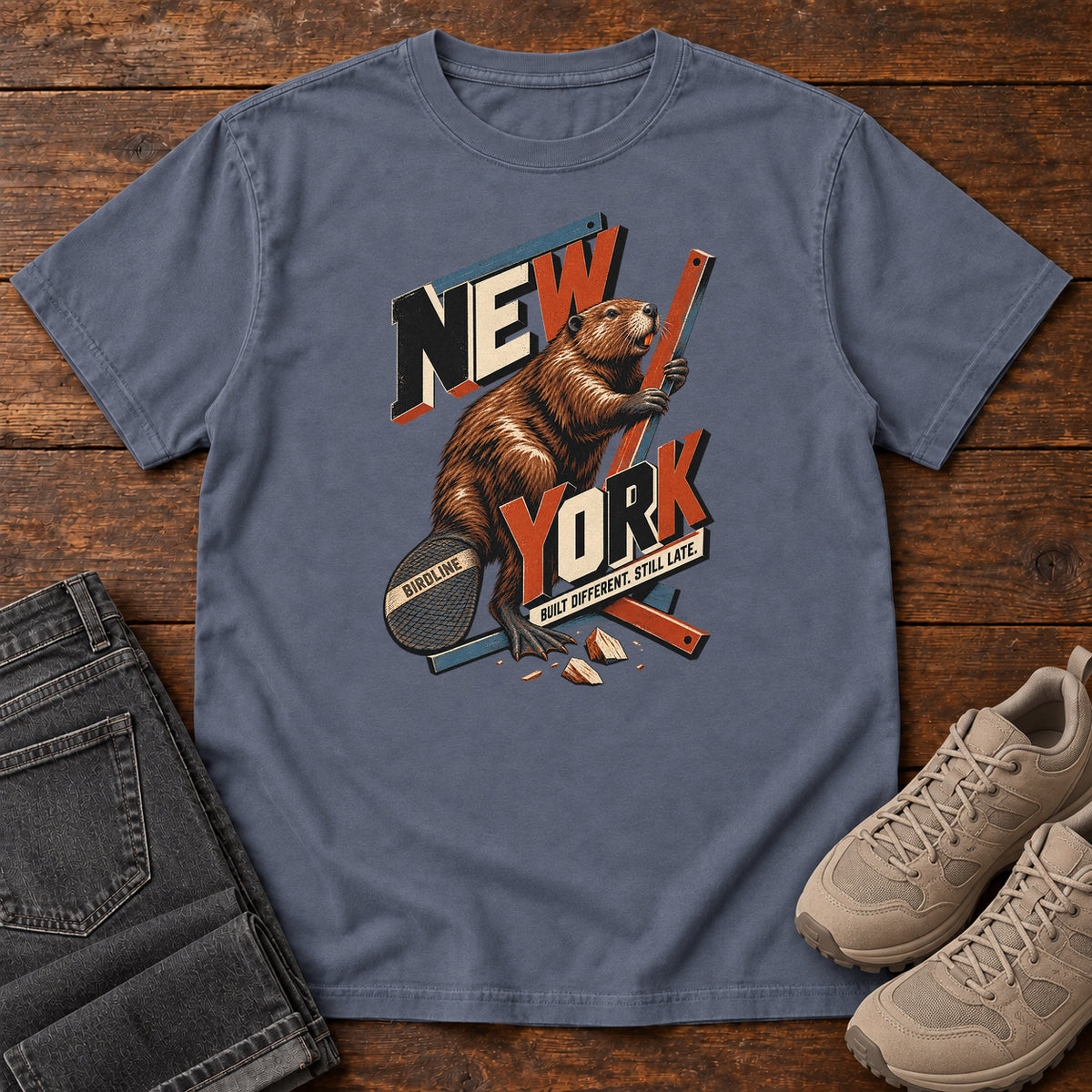 New York Built Different Still Late Beaver T-Shirt in Denim