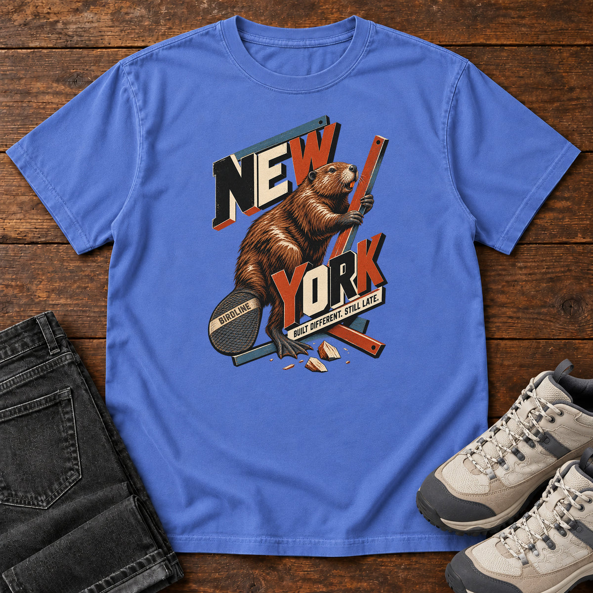 New York Built Different Still Late Beaver T-Shirt in Mystic Blue