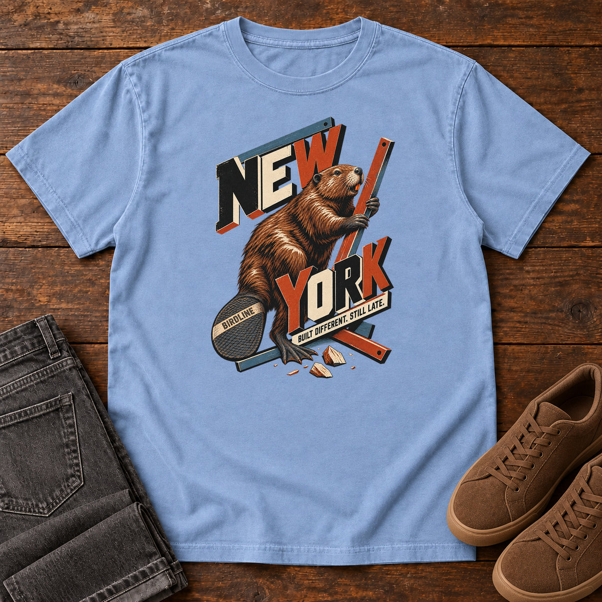 New York Built Different Still Late Beaver T-Shirt in Washed Denim