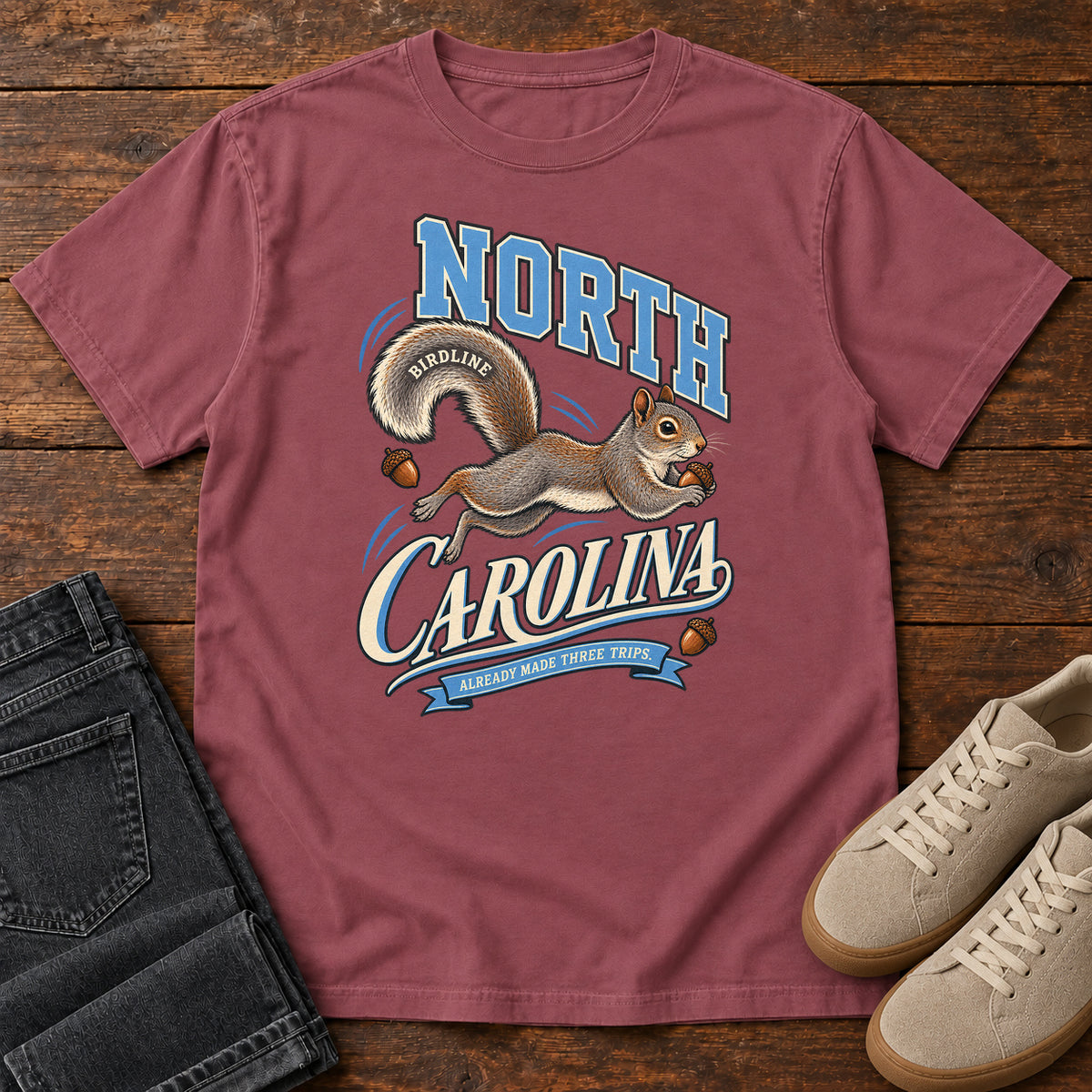 North Carolina Already Made Three Trips Squirrel T-Shirt in Brick