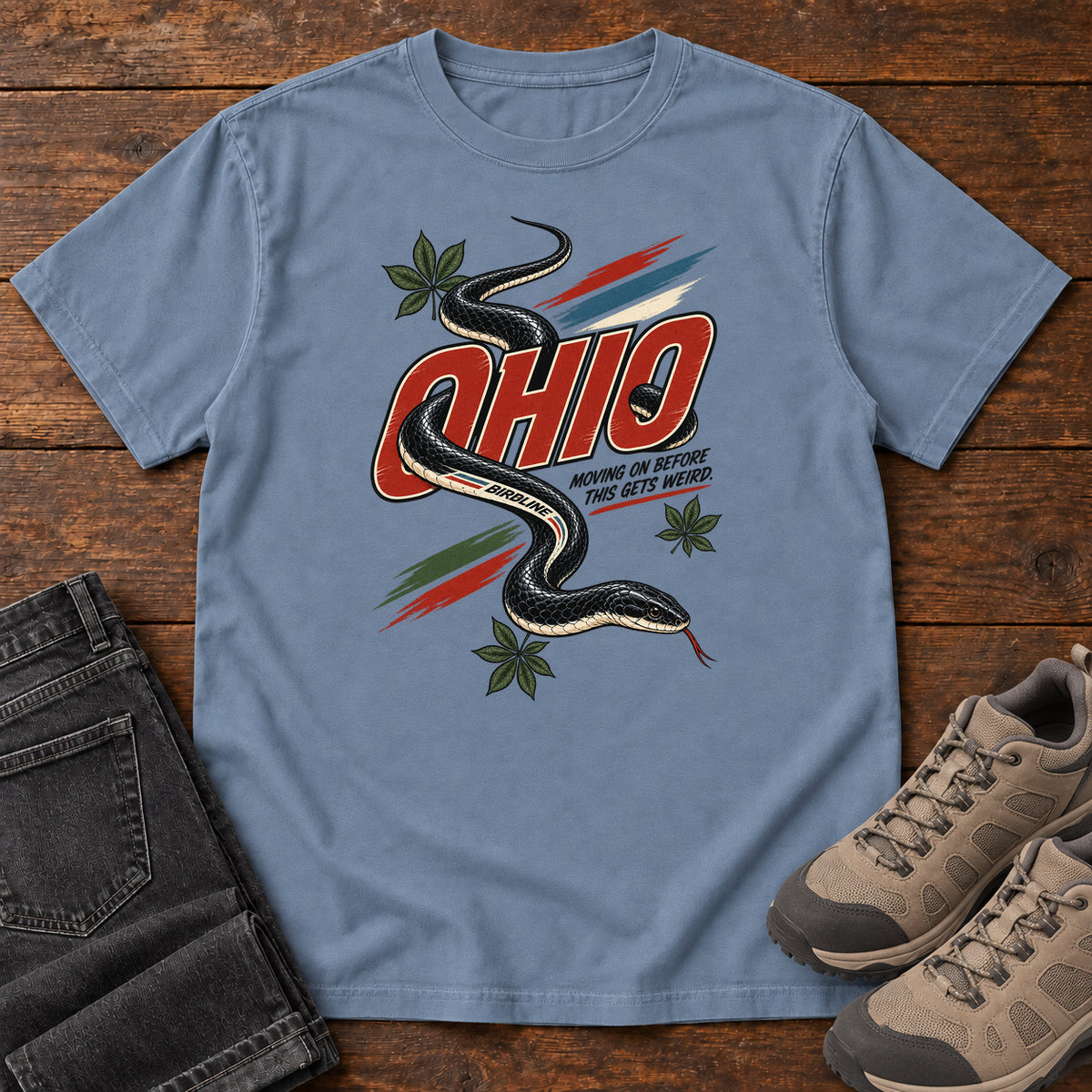 Ohio Moving on Before This Gets Weird Snake T-Shirt in Blue Jean