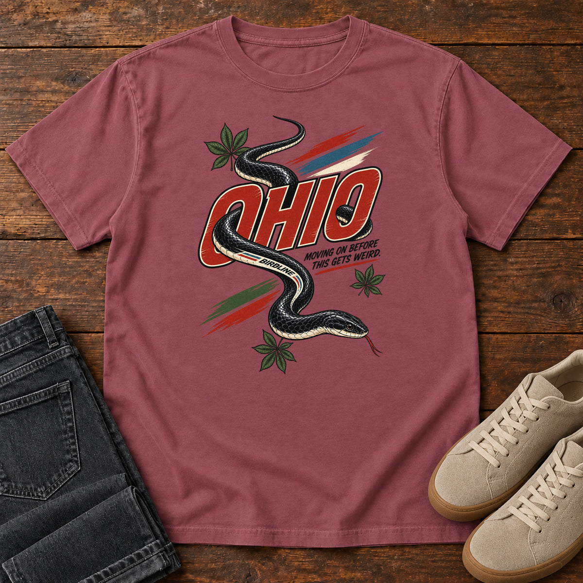 Ohio Moving on Before This Gets Weird Snake T-Shirt in Brick
