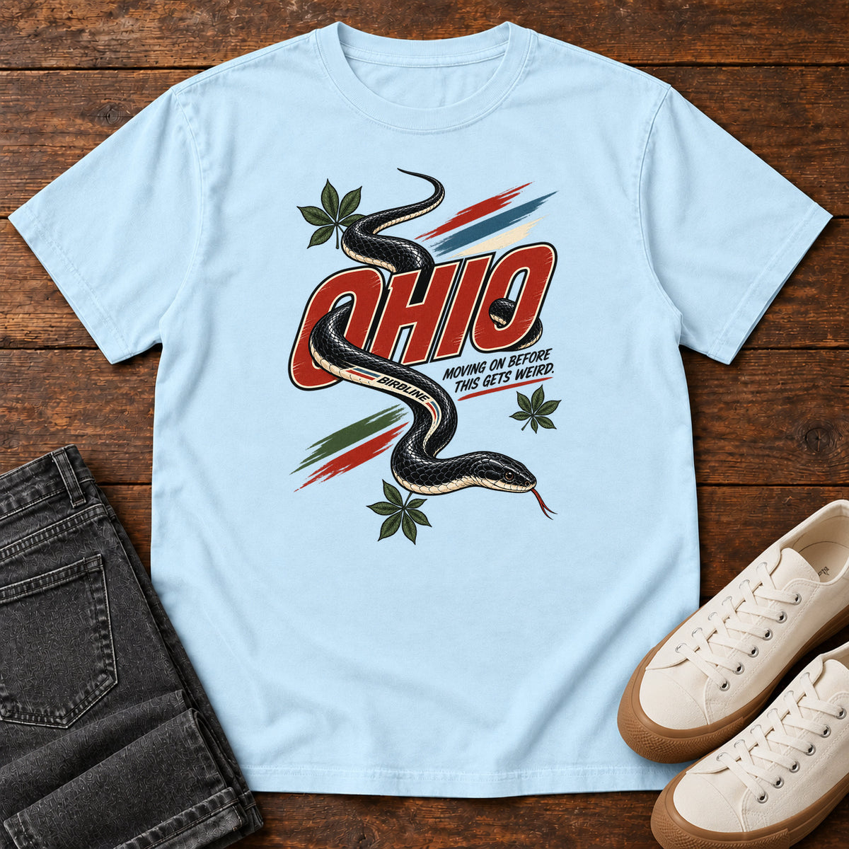 Ohio Moving on Before This Gets Weird Snake T-Shirt in Chambray