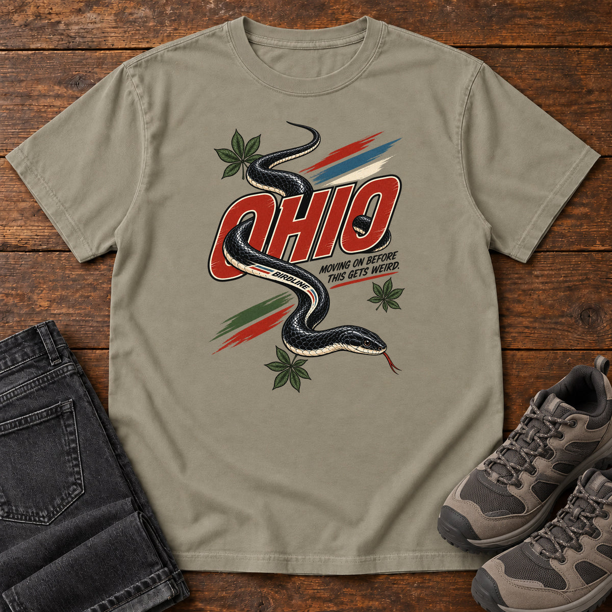 Ohio Moving on Before This Gets Weird Snake T-Shirt in Sandstone