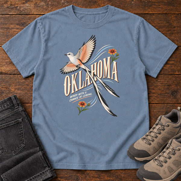 Oklahoma Wind with a Chance of Leaving Scissortail T-Shirt in Blue Jean, front view