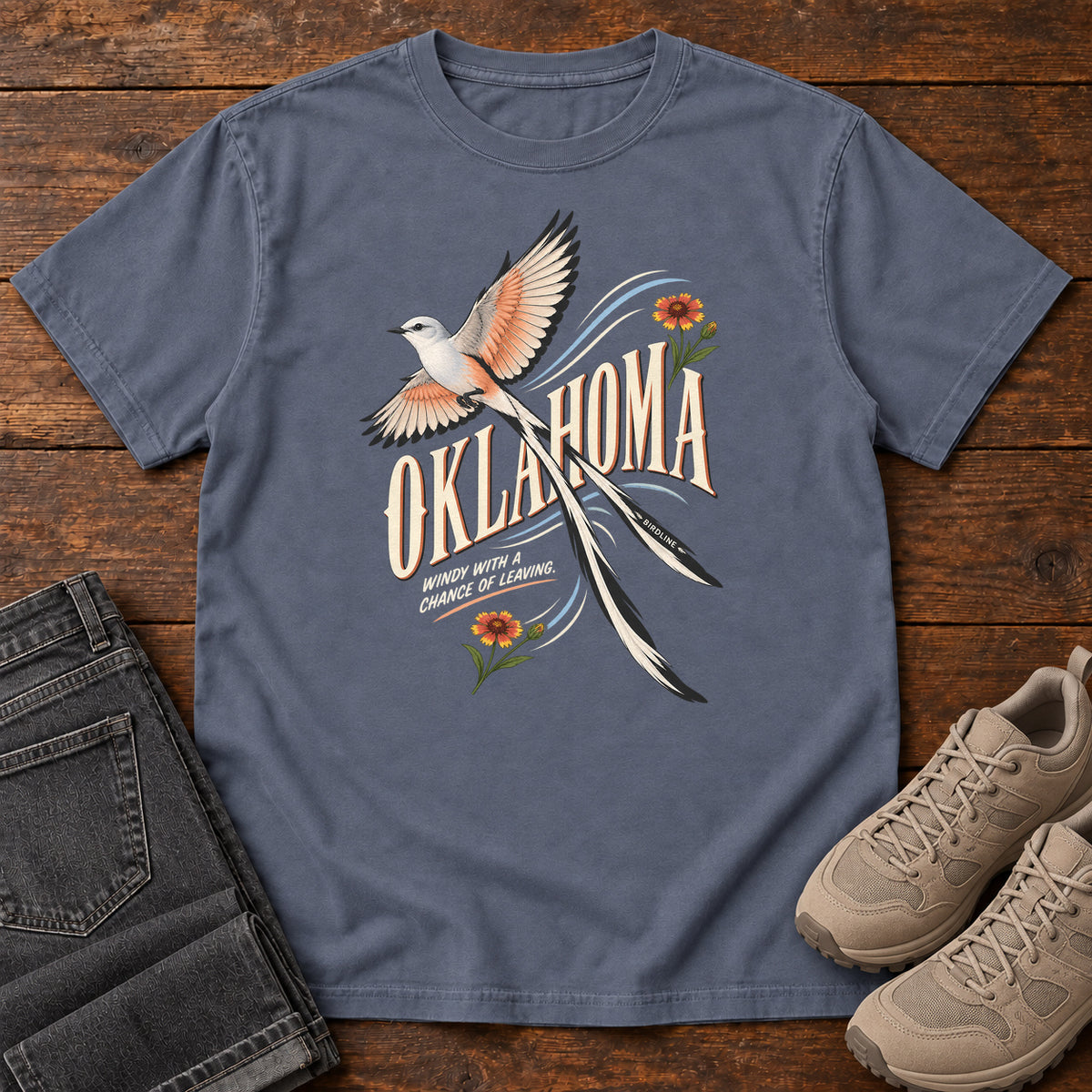 Oklahoma Wind with a Chance of Leaving Scissortail T-Shirt in Denim