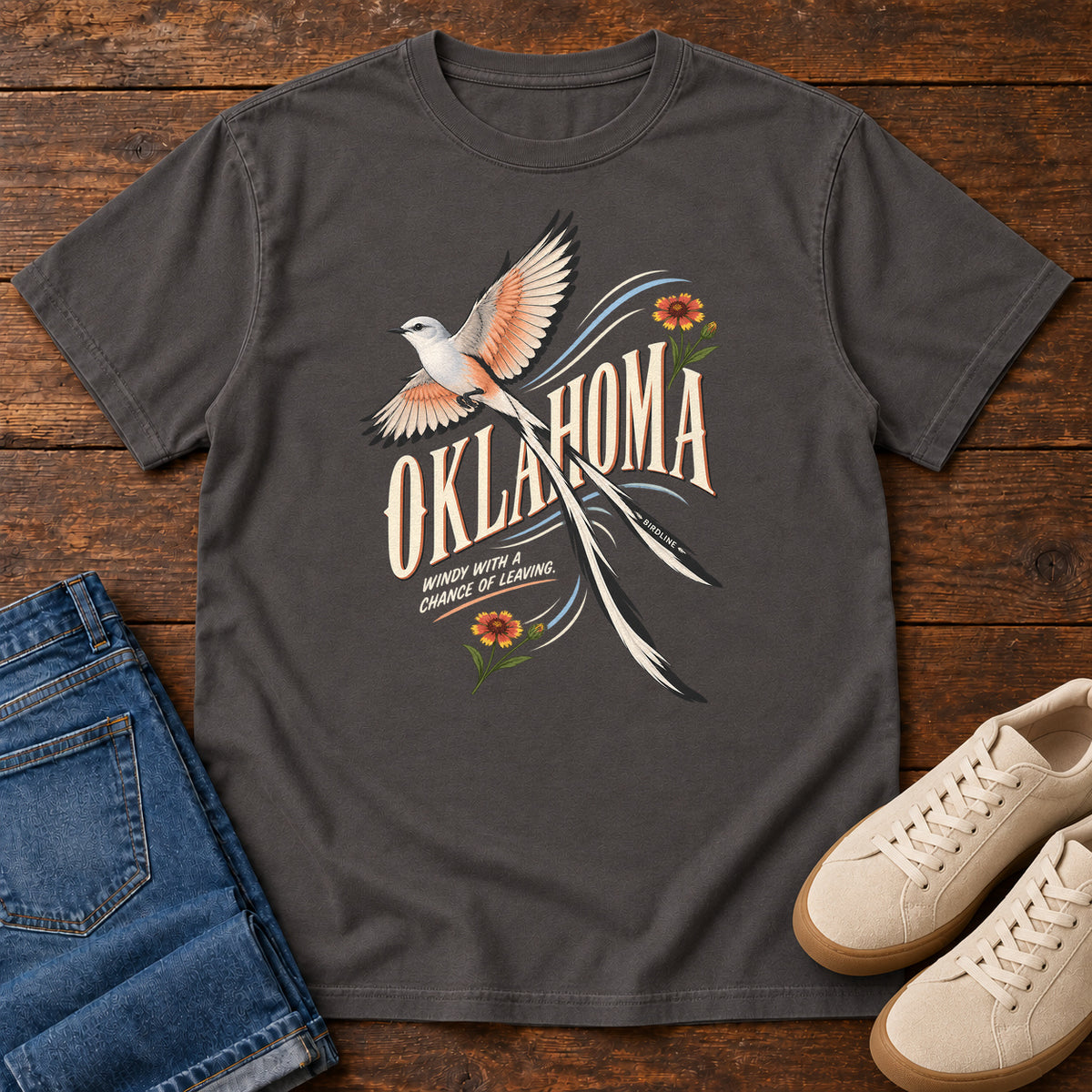 Oklahoma Wind with a Chance of Leaving Scissortail T-Shirt in Graphite