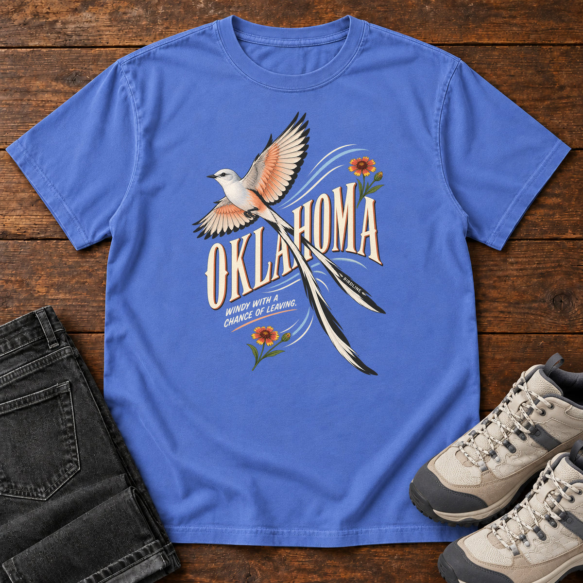 Oklahoma Wind with a Chance of Leaving Scissortail T-Shirt in Mystic Blue
