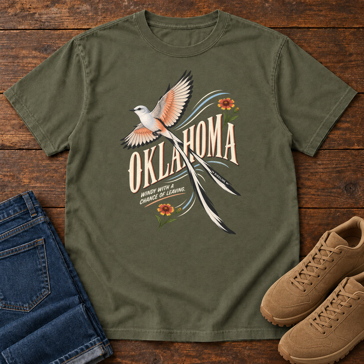Oklahoma Wind with a Chance of Leaving Scissortail T-Shirt in Sage