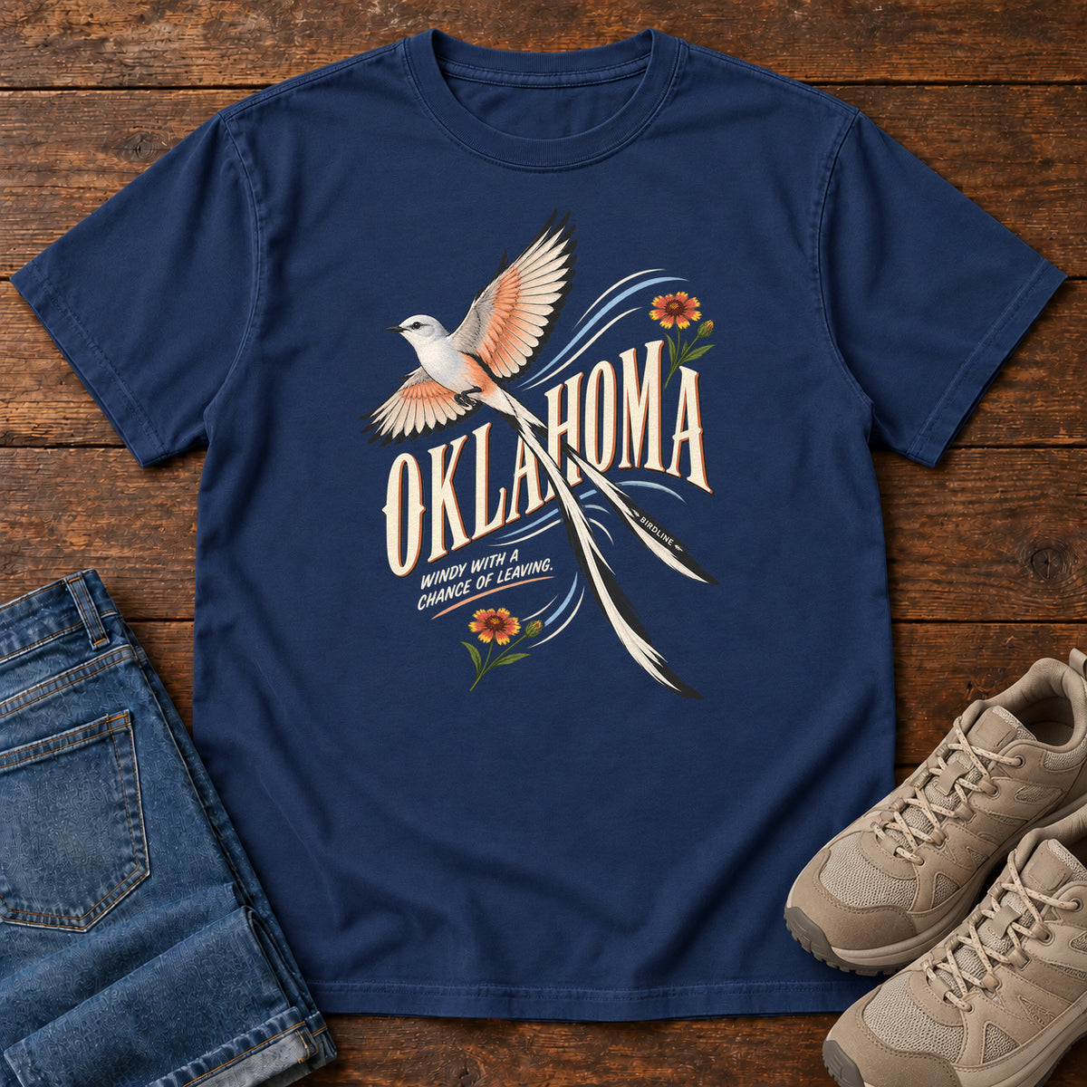 Oklahoma Wind with a Chance of Leaving Scissortail T-Shirt in True Navy
