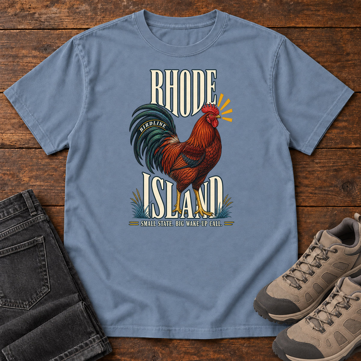 Rhode Island Small State Big Wake Up Call Rooster T-Shirt in Blue Jean