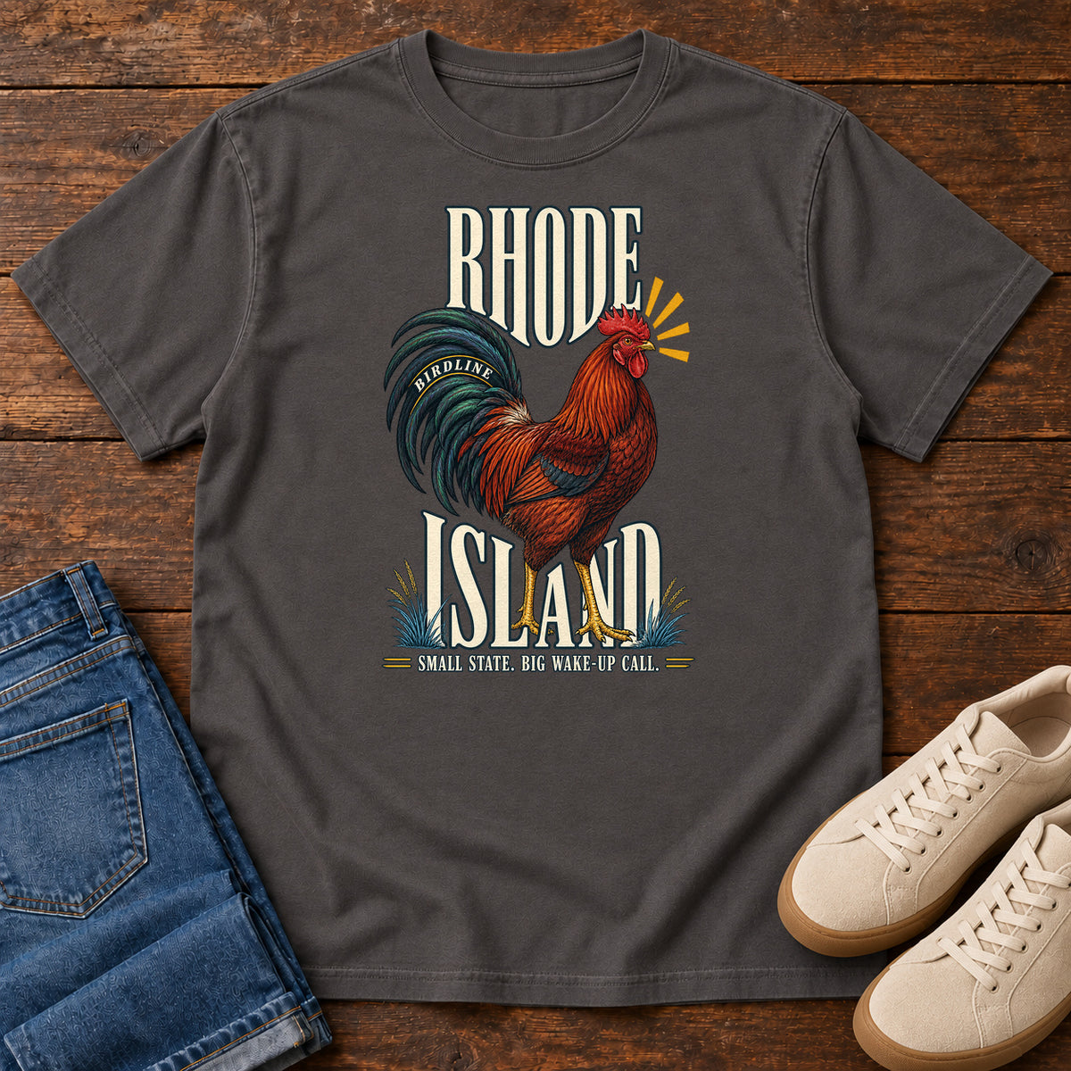 Rhode Island Small State Big Wake Up Call Rooster T-Shirt in Graphite