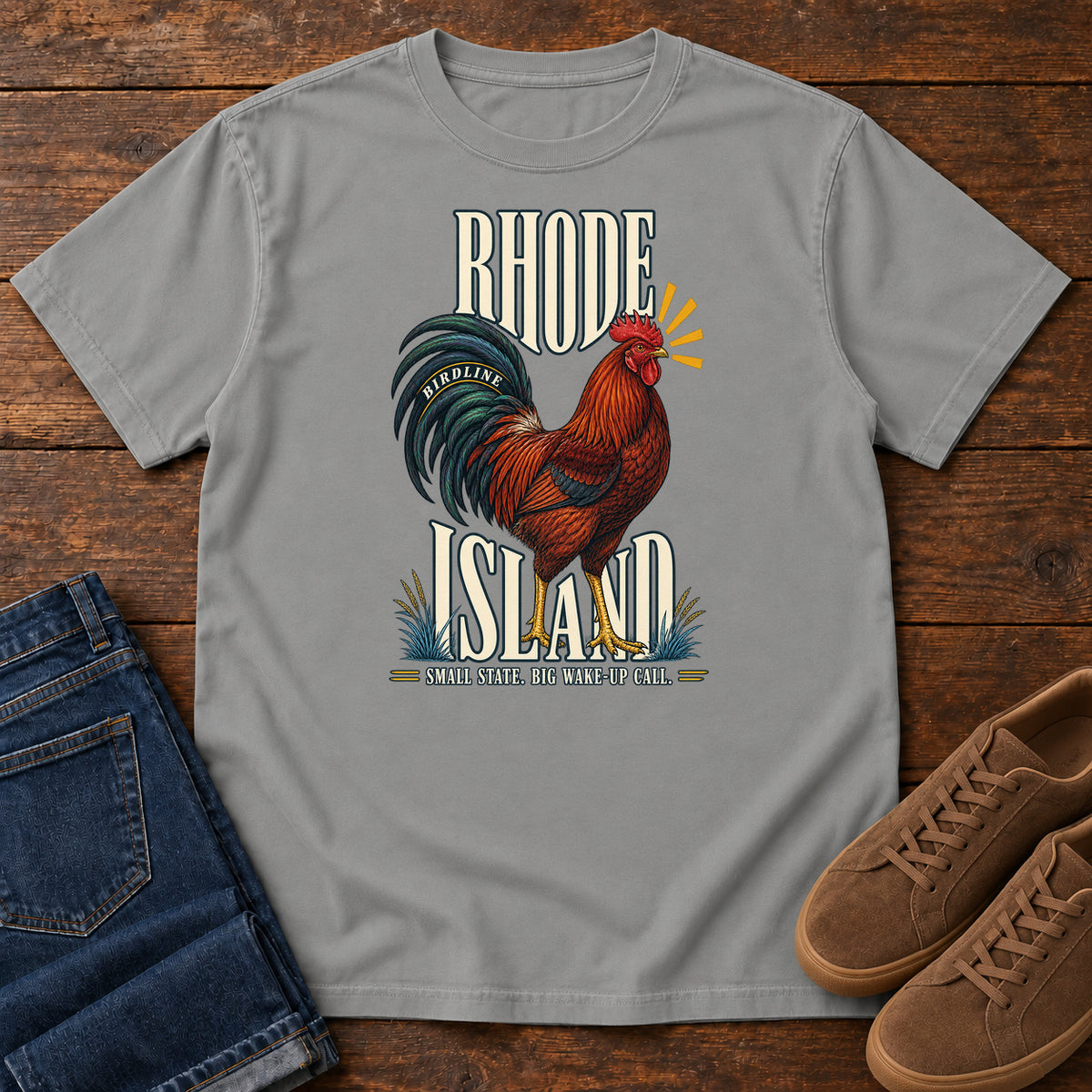 Rhode Island Small State Big Wake Up Call Rooster T-Shirt in Grey