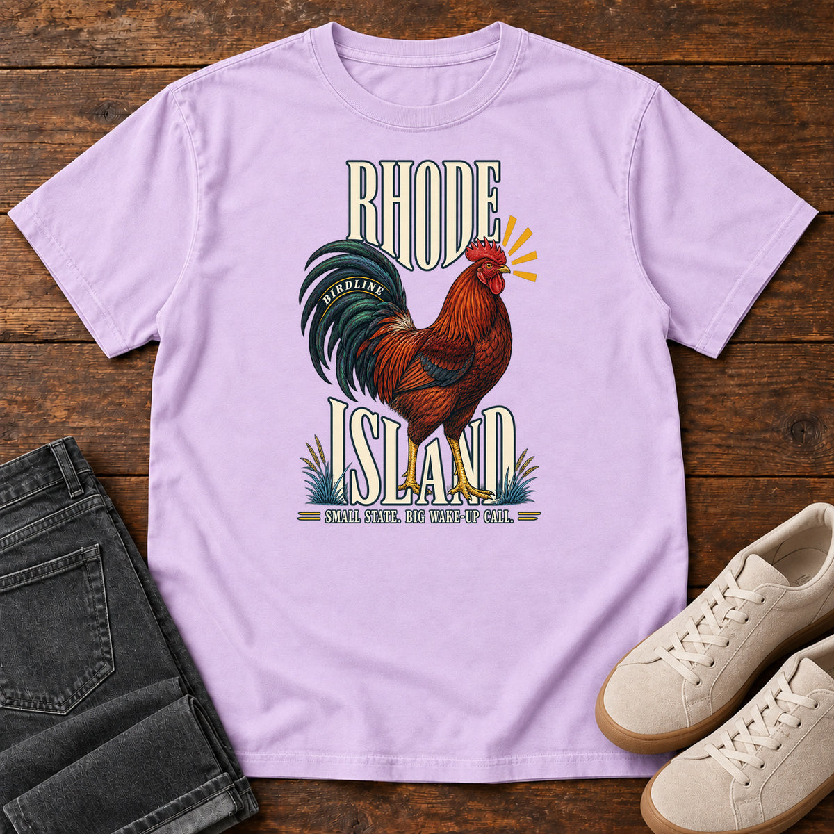 Rhode Island Small State Big Wake Up Call Rooster T-Shirt in Orchid