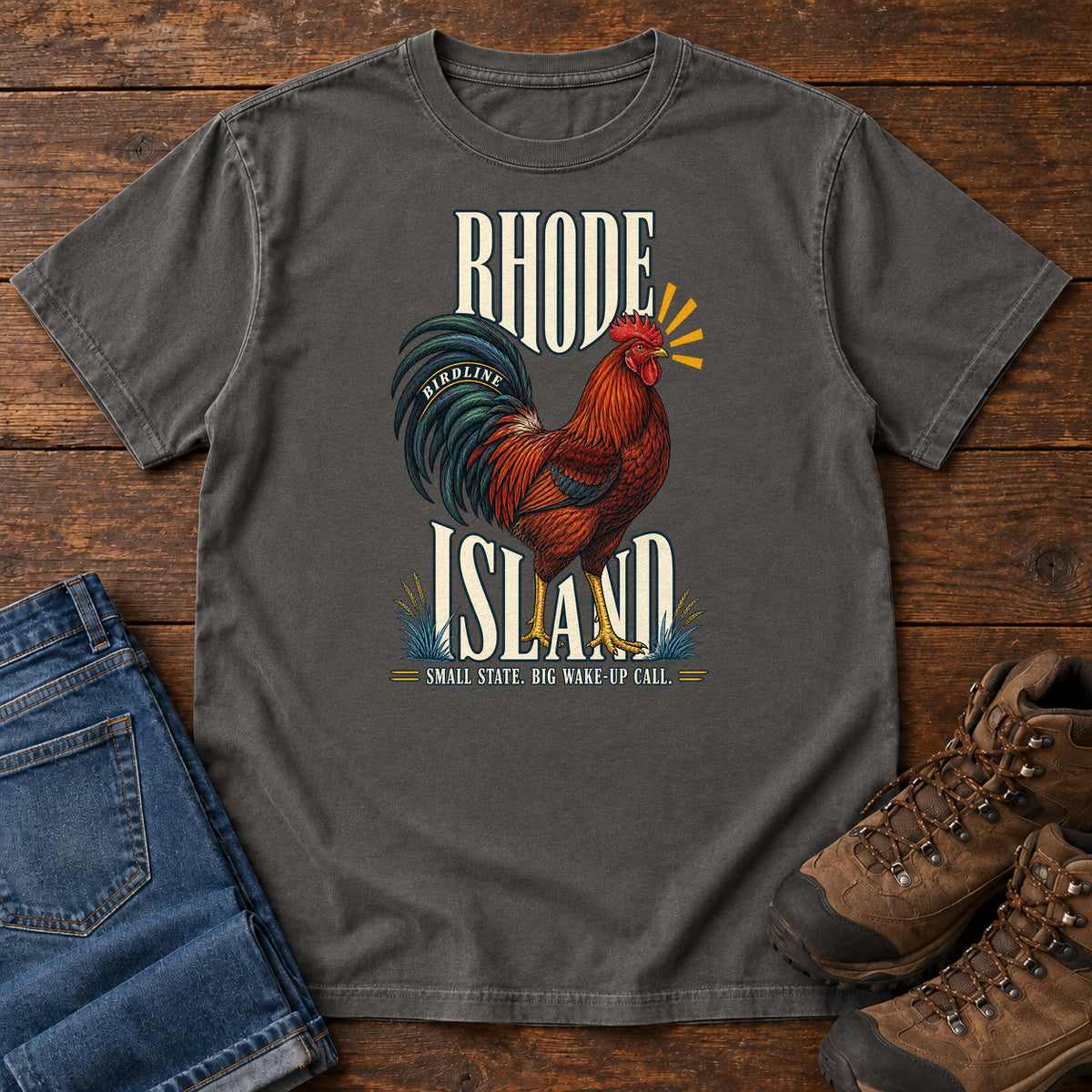 Rhode Island Small State Big Wake Up Call Rooster T-Shirt in Pepper