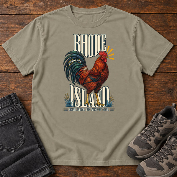 Rhode Island Small State Big Wake Up Call Rooster T-Shirt in Sandstone, front view