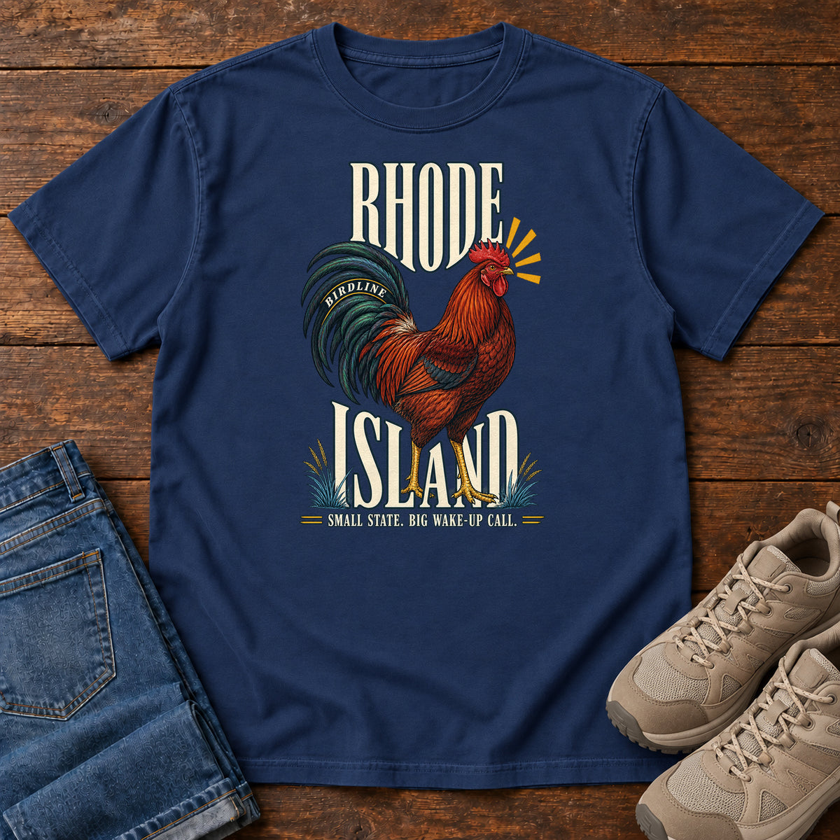 Rhode Island Small State Big Wake Up Call Rooster T-Shirt in True Navy