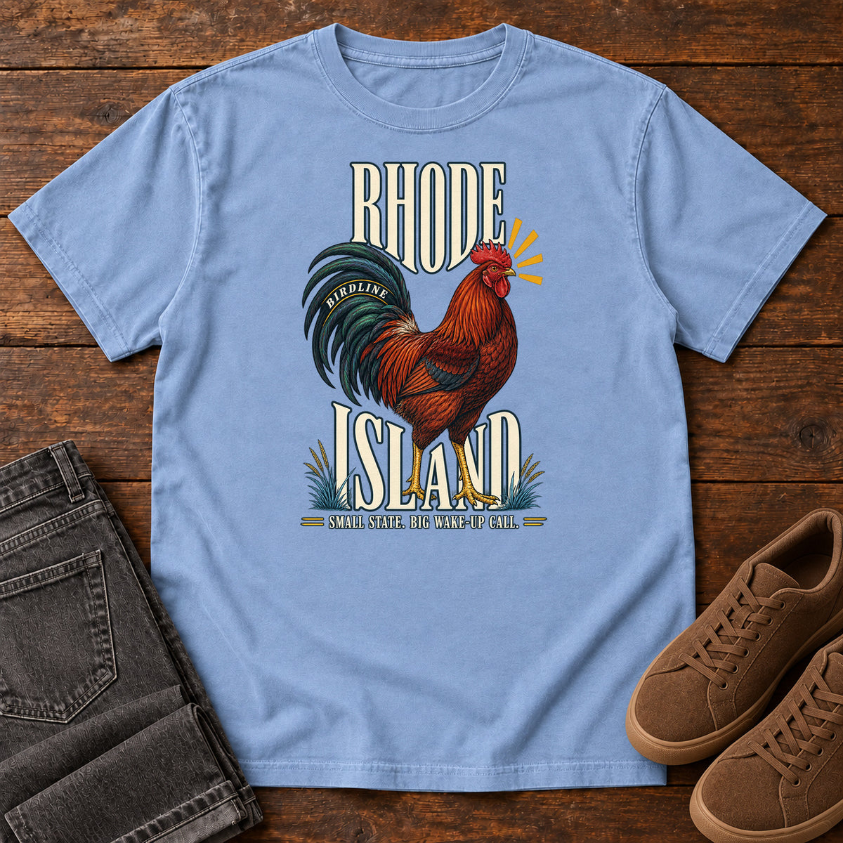 Rhode Island Small State Big Wake Up Call Rooster T-Shirt in Washed Denim