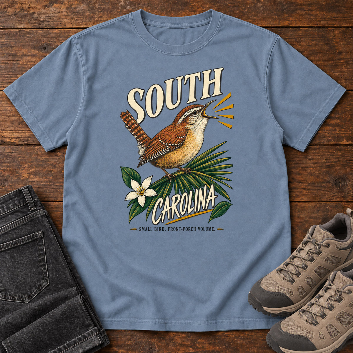 South Carolina State Bird Front Porch Volume Wren T-Shirt in Blue Jean, front view
