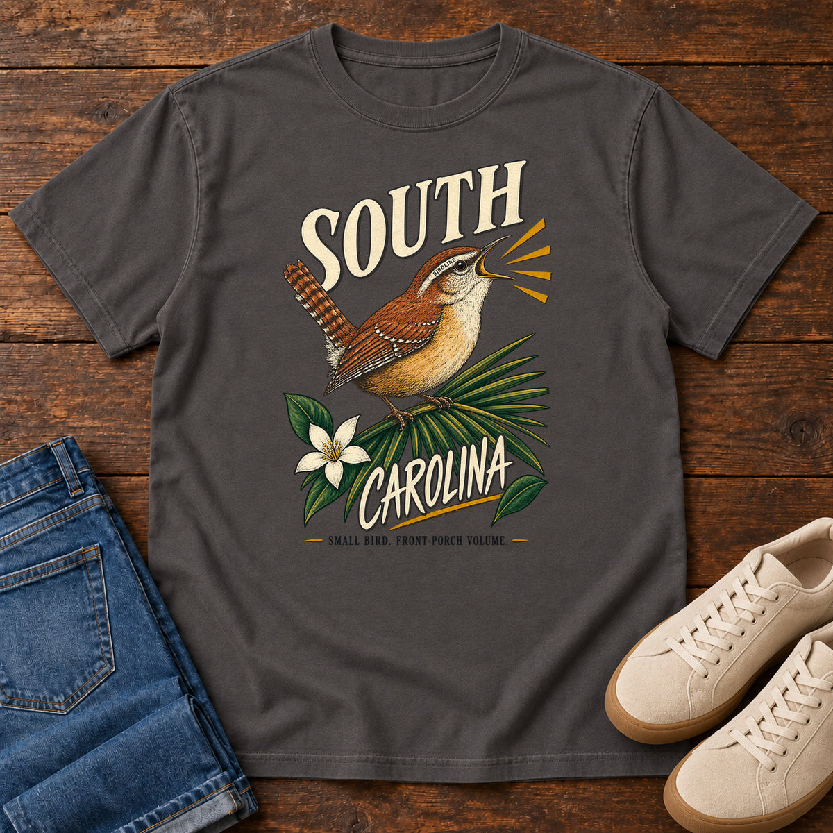 South Carolina State Bird Front Porch Volume Wren T-Shirt in Graphite, front view