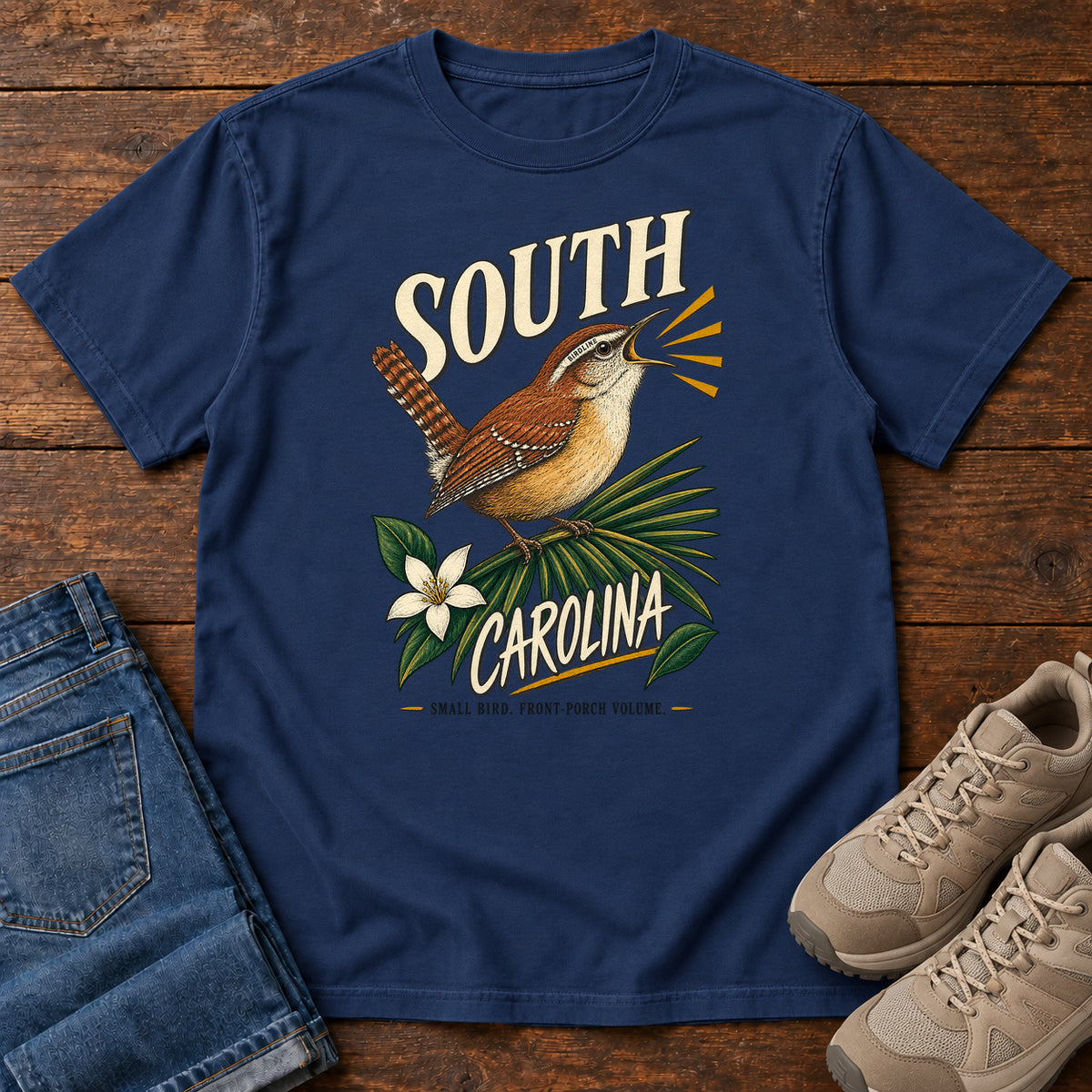 South Carolina State Bird Front Porch Volume Wren T-Shirt in True Navy, front view