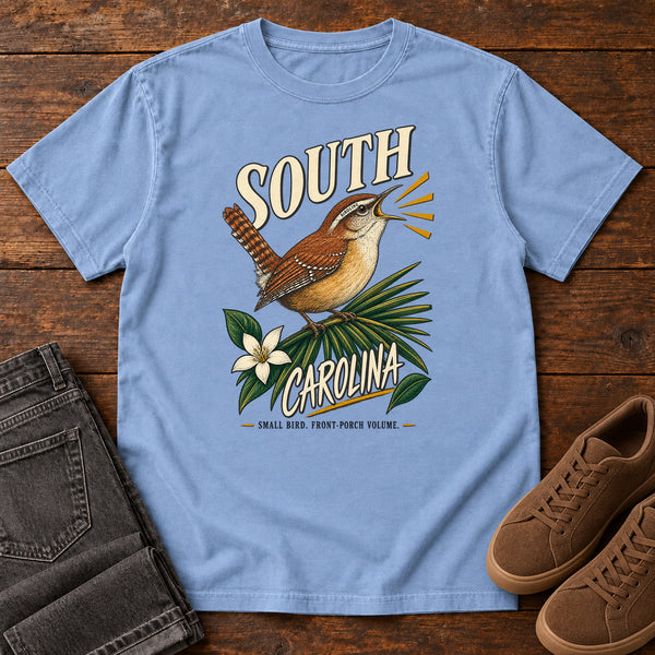 South Carolina State Bird Front Porch Volume Wren T-Shirt in Washed Denim, front view