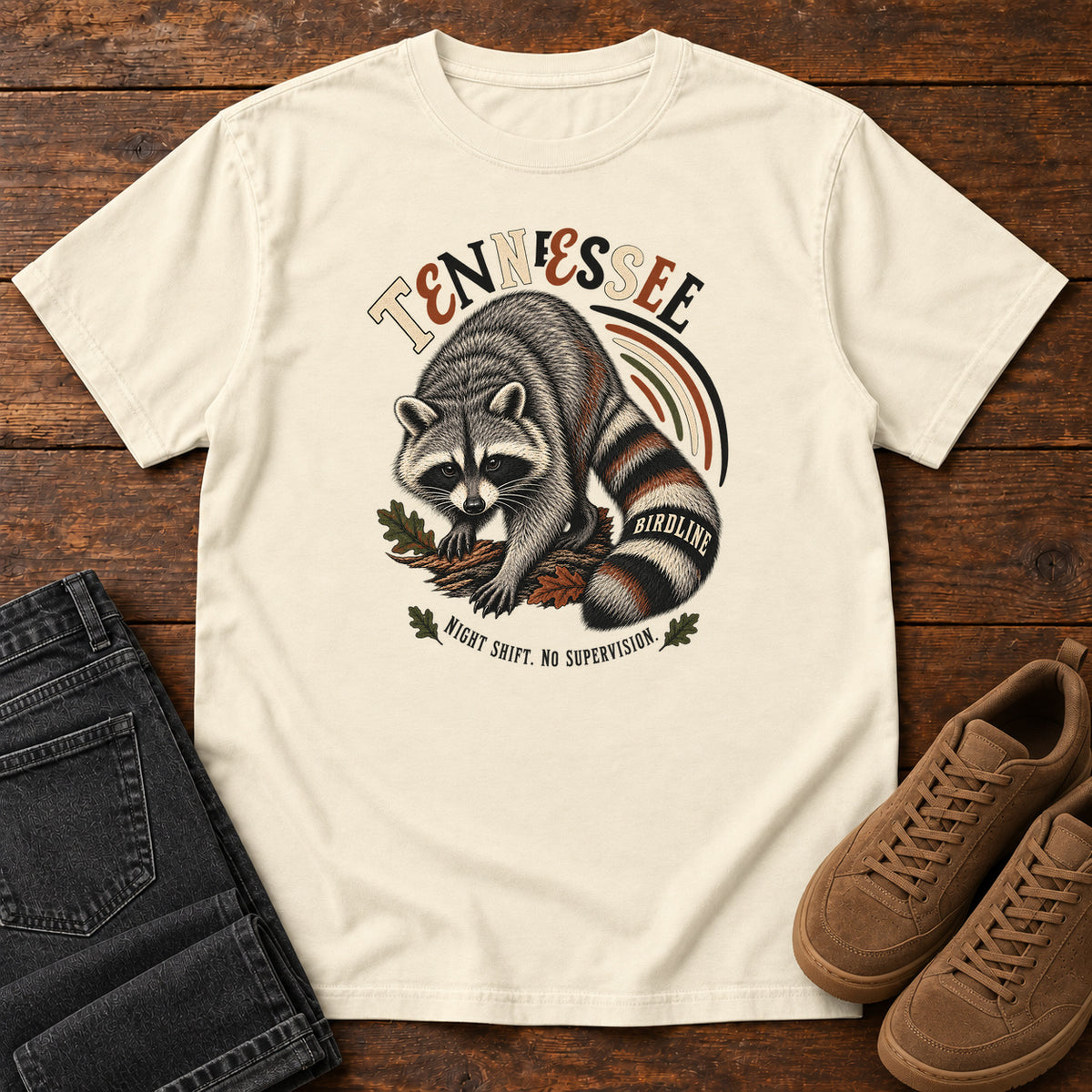 Tennessee Night Shift No Supervisor Raccoon T-Shirt in Ivory