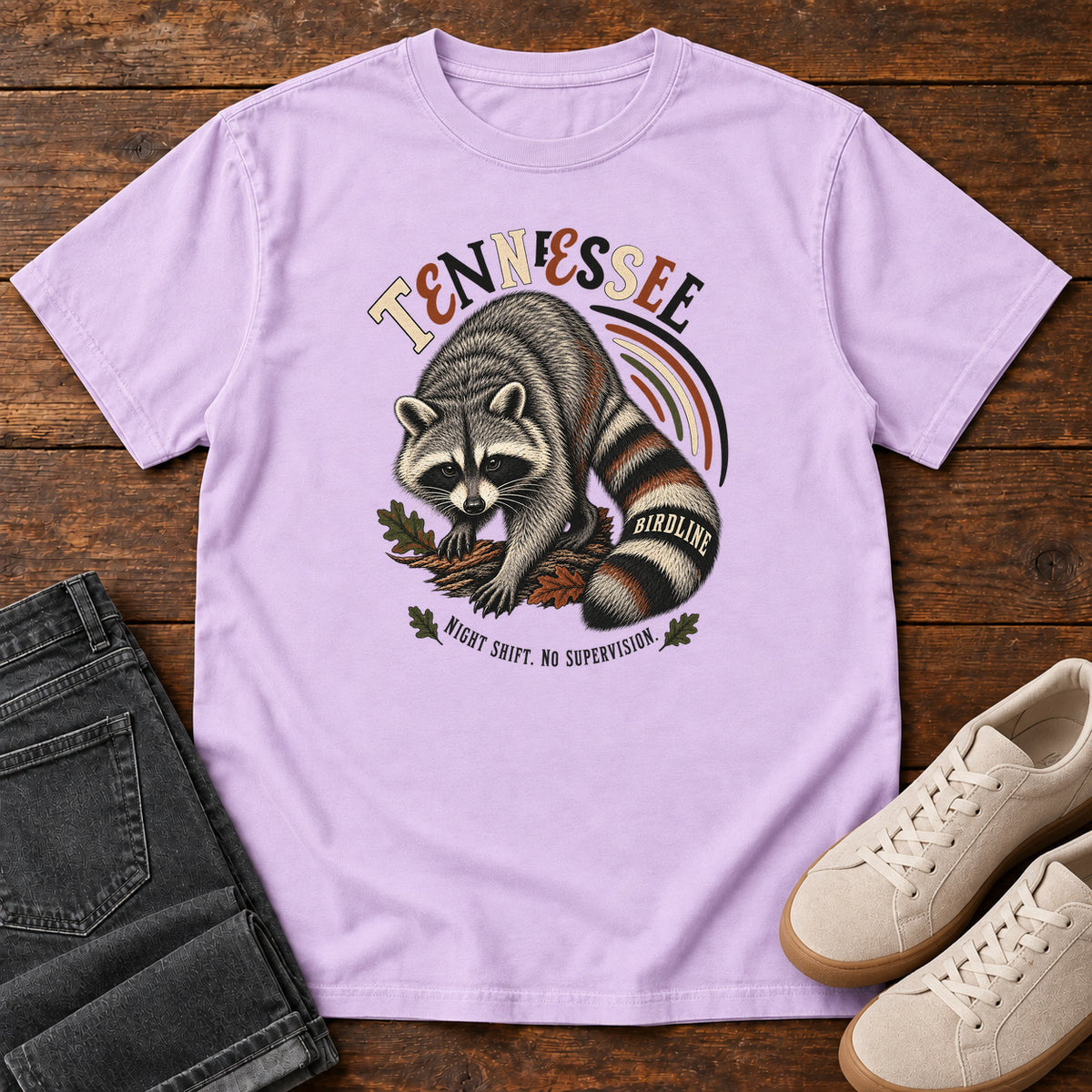 Tennessee Night Shift No Supervisor Raccoon T-Shirt in Orchid