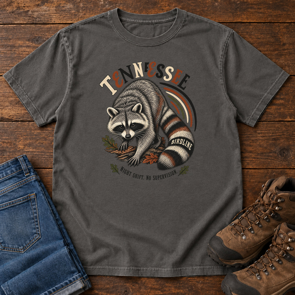 Tennessee Night Shift No Supervisor Raccoon T-Shirt in Pepper