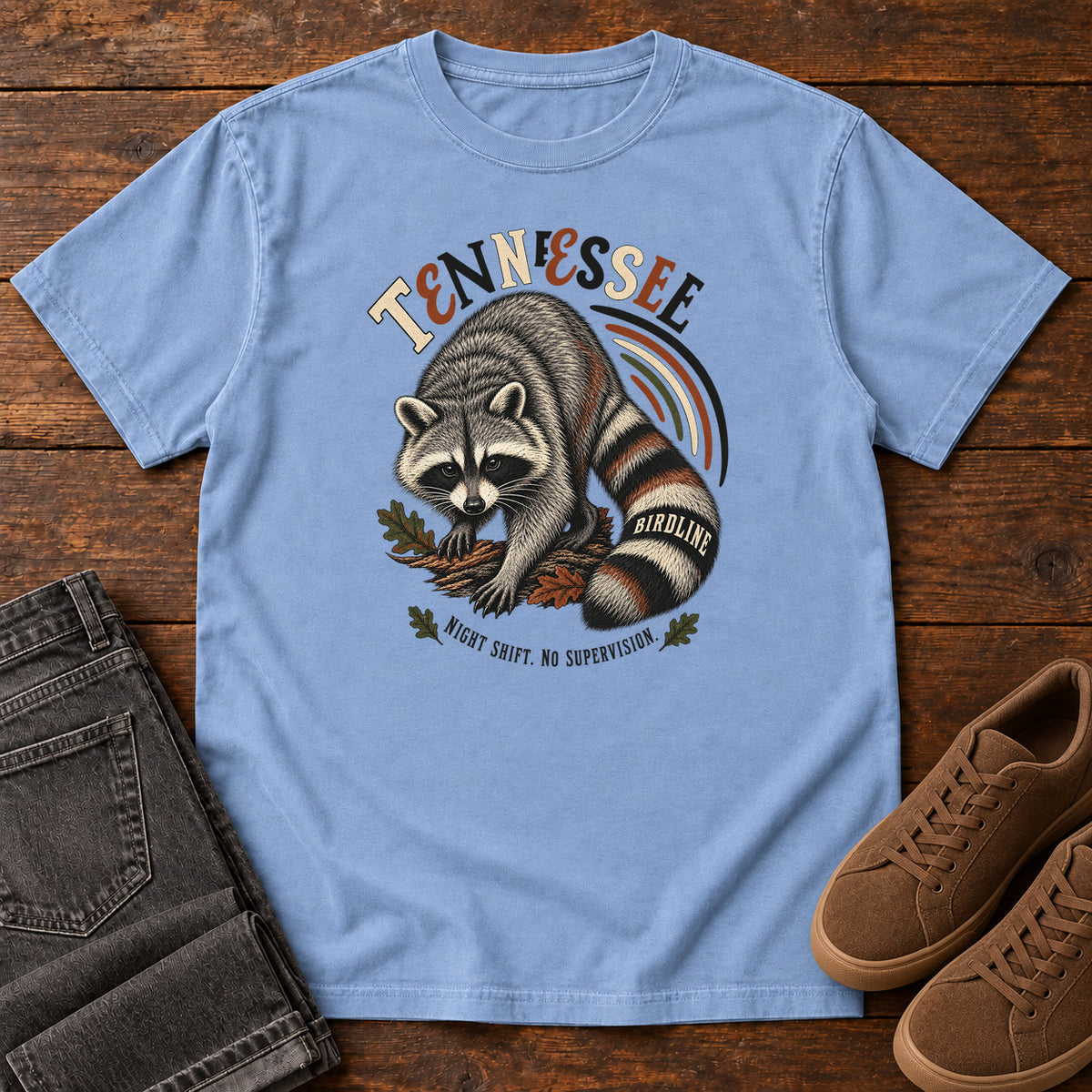 Tennessee Night Shift No Supervisor Raccoon T-Shirt in Washed Denim