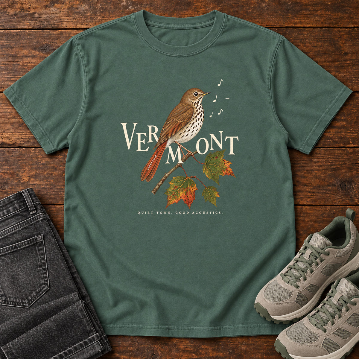 Vermont Quiet Town Good Acoustics Thrush T-Shirt in Blue Spruce