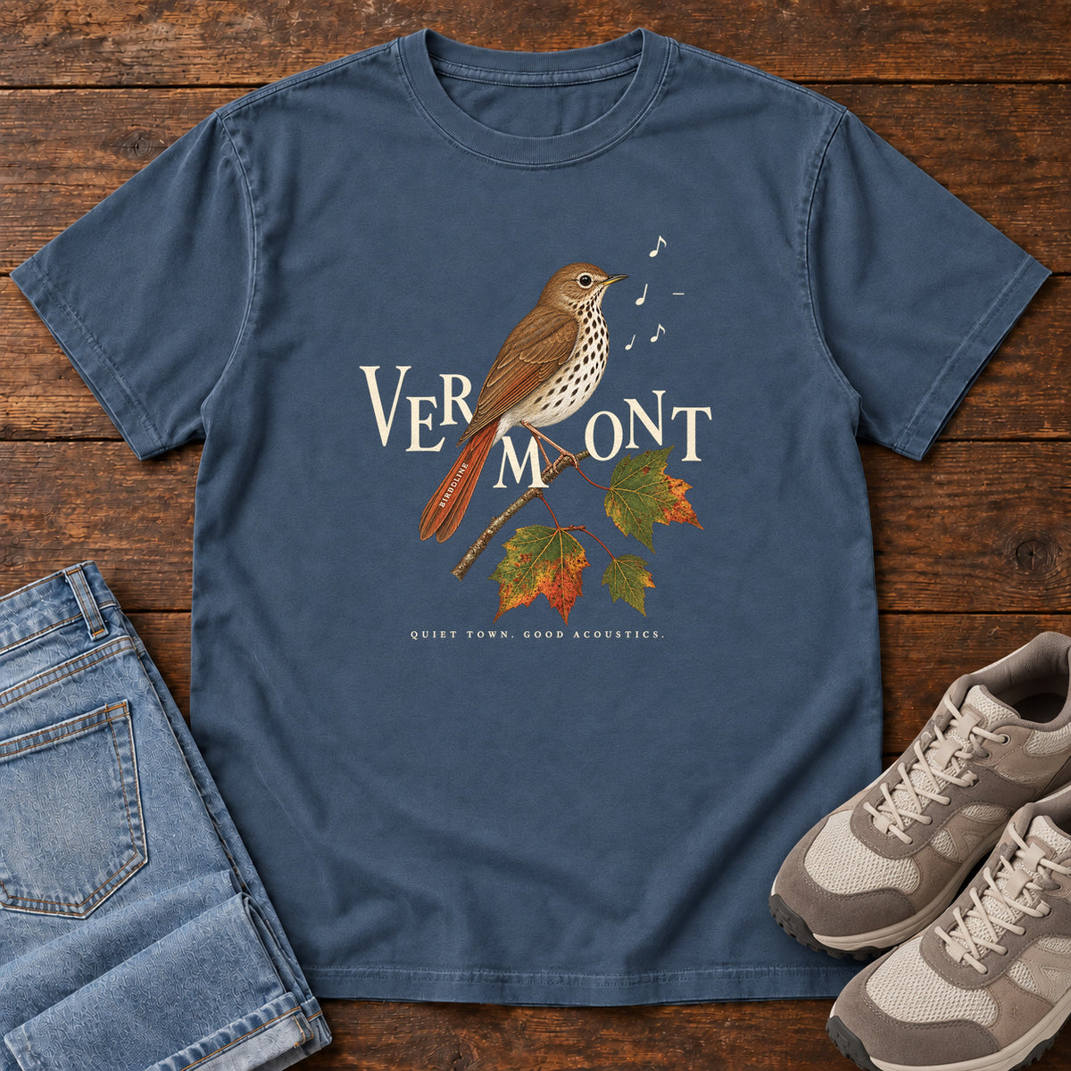 Vermont Quiet Town Good Acoustics Thrush T-Shirt in Midnight