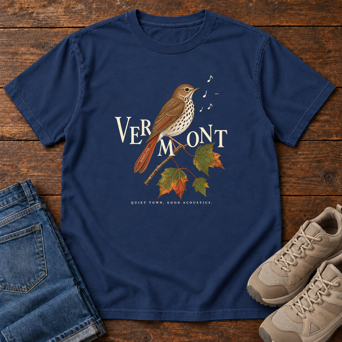 Vermont Quiet Town Good Acoustics Thrush T-Shirt in True Navy