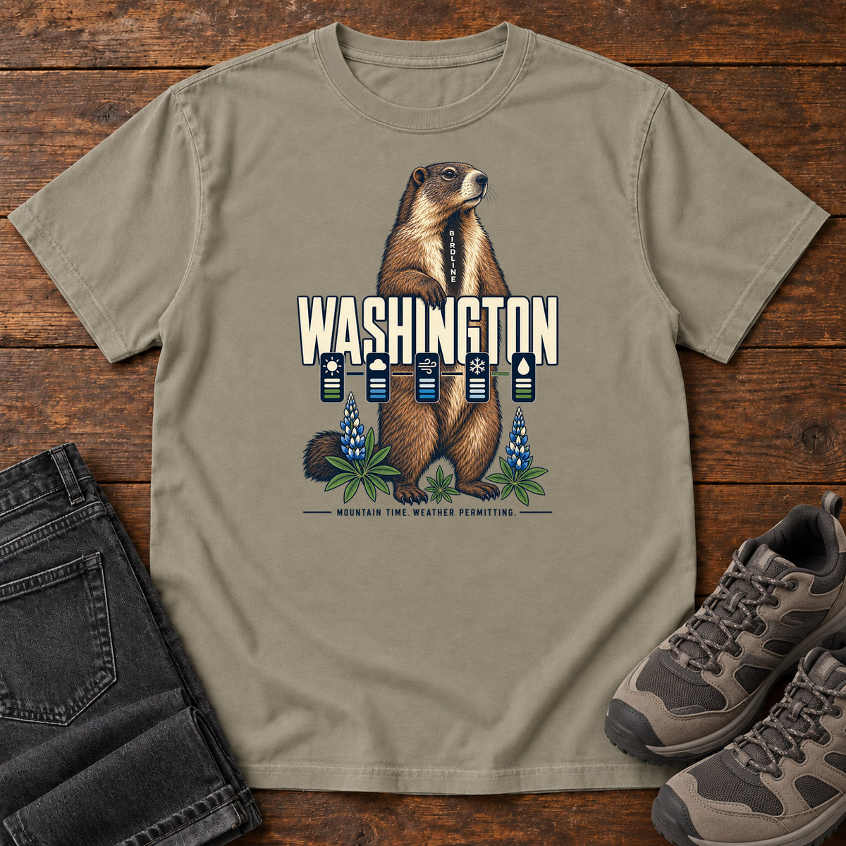 Washington Mountain Time Weather Permitting Marmot T-Shirt in Sandstone