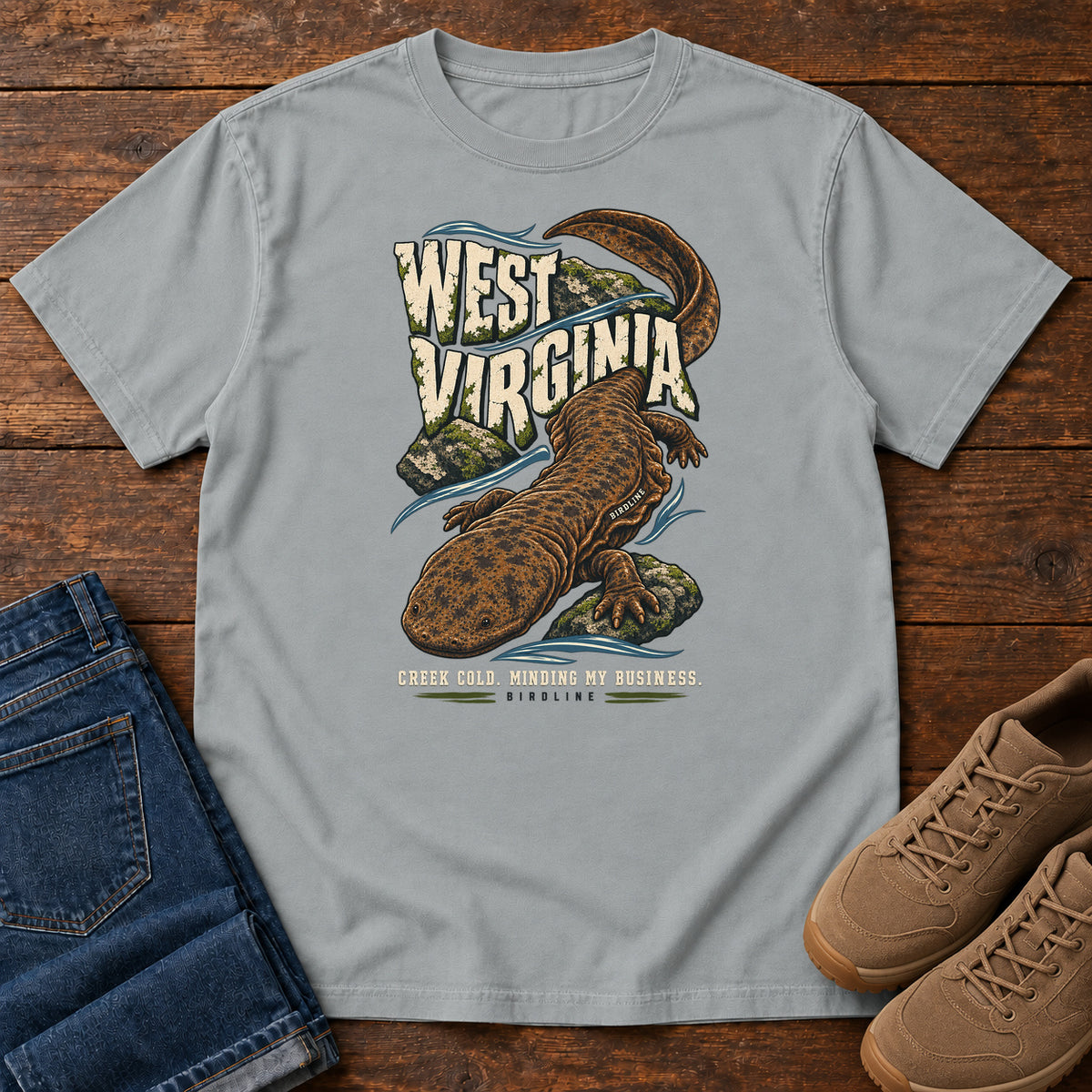 West Virginia Creek Cold Minding My Business Hellbender T-Shirt in Granite
