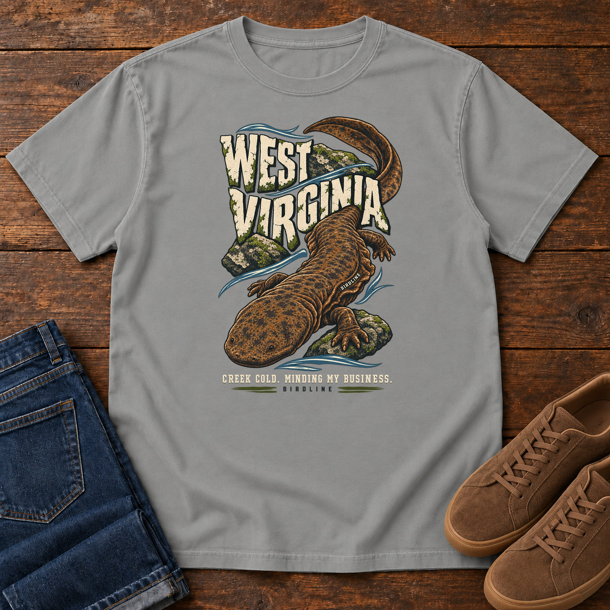 West Virginia Creek Cold Minding My Business Hellbender T-Shirt in Grey