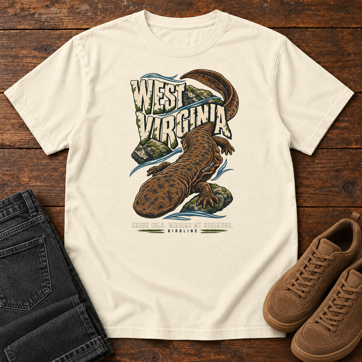 West Virginia Creek Cold Minding My Business Hellbender T-Shirt in Ivory