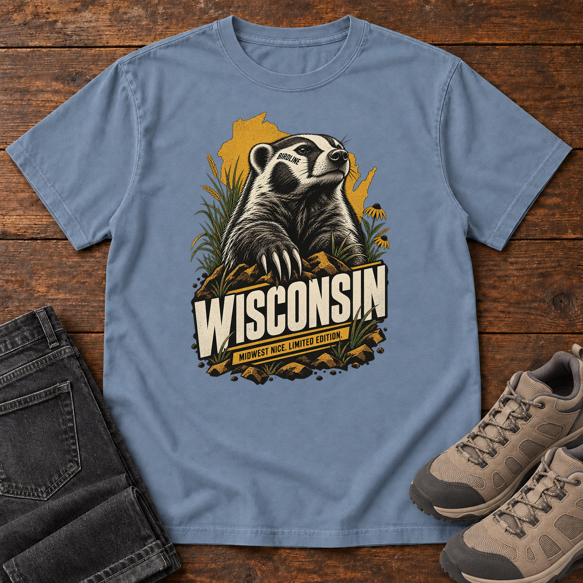 Wisconsin Midwest Nice Limited Edition Badger T-Shirt in Blue Jean